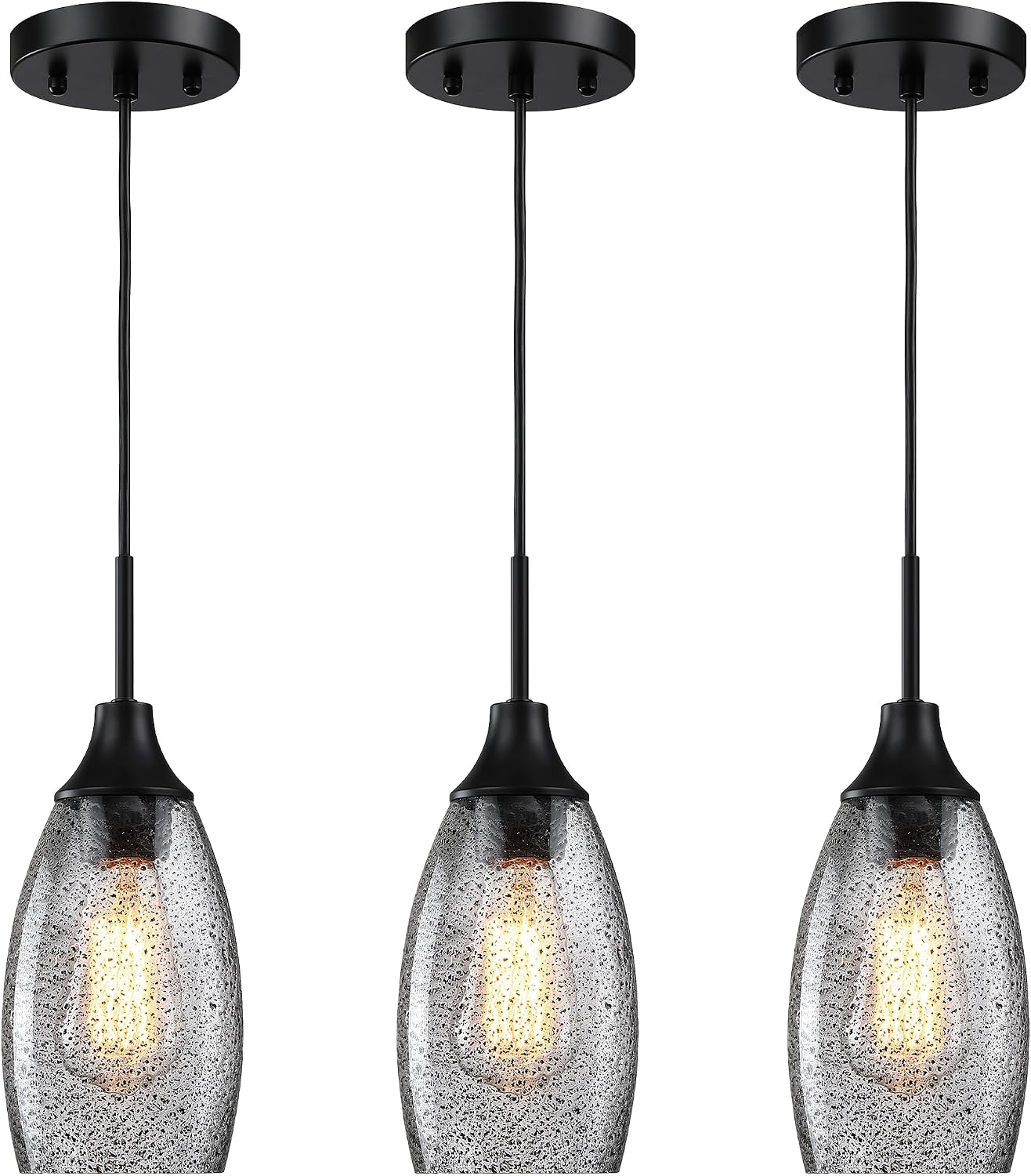 Viinew Mini Glass Pendant Light,4.72' Black Glass Hanging Light 3-Pack Handblown Clear Black Seeded Shade Adjustable Cord Ceiling Light Fixture for Kitchen Island Sink