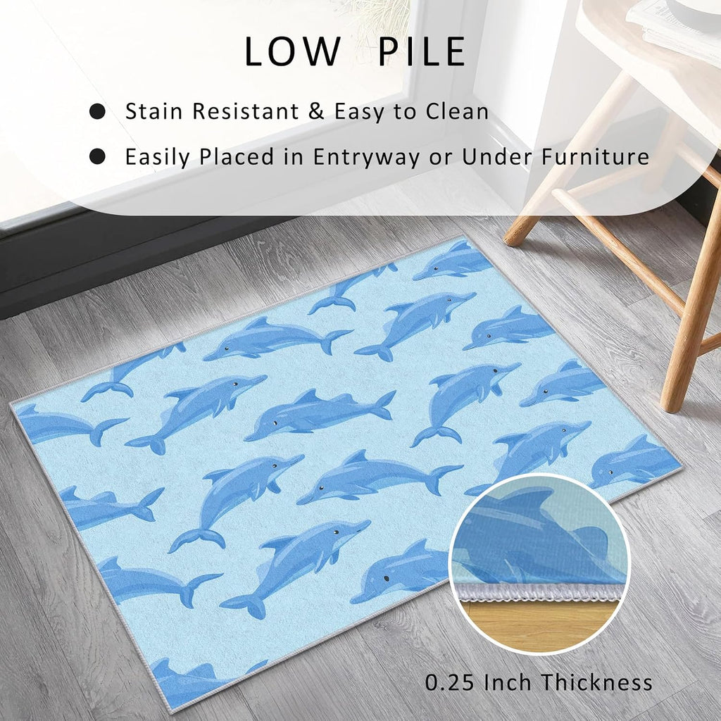 Dolphin Rug 8x12 for Bedroom, Marine Sea Ocean Animal Patterned Living Room Area Rug, Dolphin Kids Boys Girls Room Decor, Washable Soft Thin Carpet with Non Slip Backing, 8 x 12 ft - Lu11512