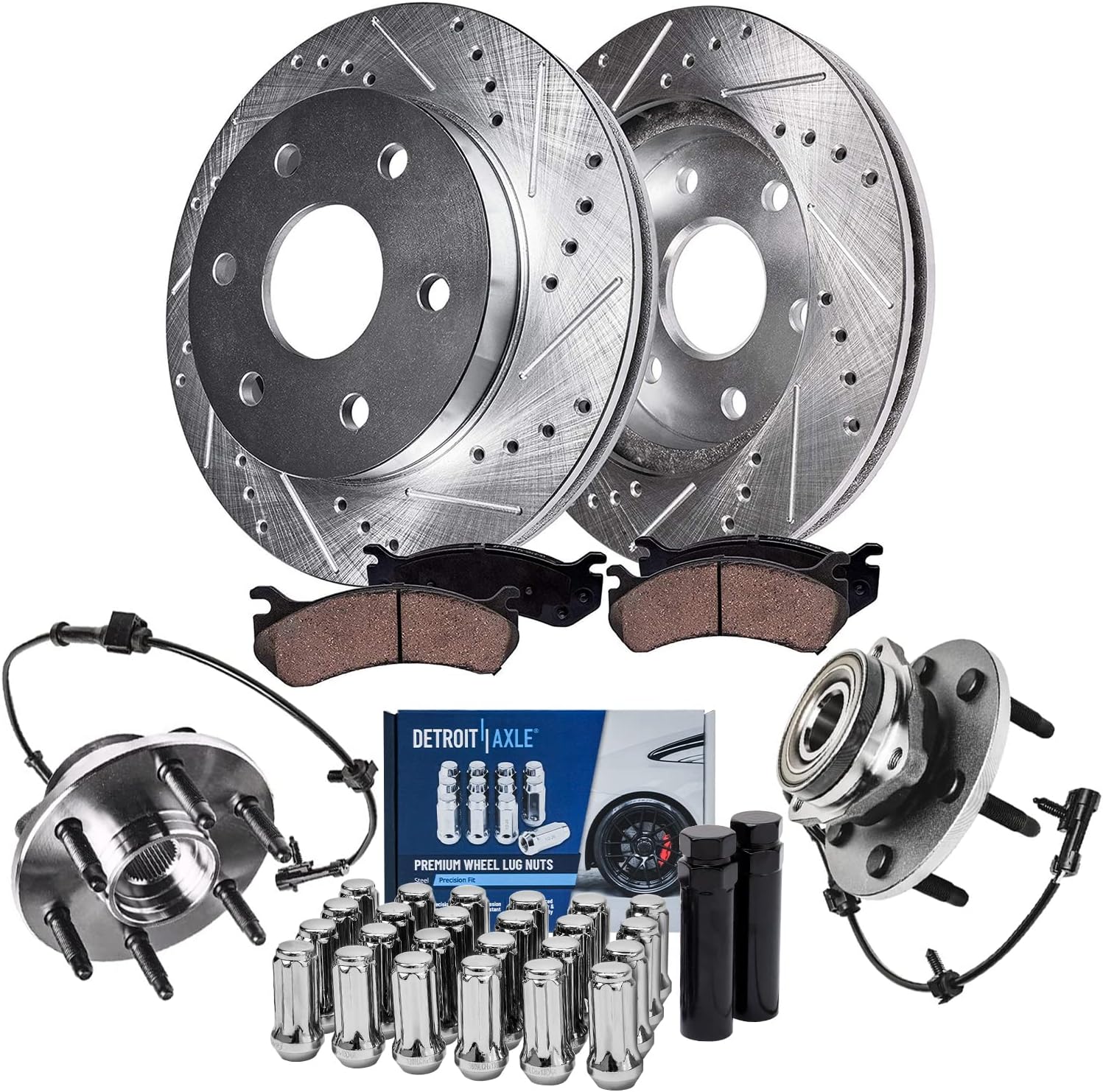 Detroit Axle - 4WD Front Drilled Rotors Brake Pads Wheel Hubs + 24pc Lug Nuts w/keys Replacement for Sierra Silverado 1500 Tahoe Escalade ESV EXT - 32pc Set
