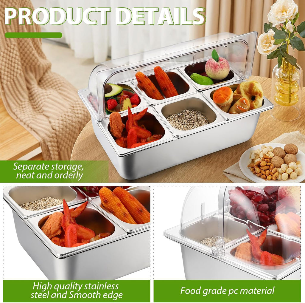 Ziliny 2 Pack Countertop Food Serving Display Container Stainless Steel Food Serving Tray Buffet Condiment Dispenser Display Rack with Clear Roll Top Cover for Buffet(6 Pan and 6 Pan)