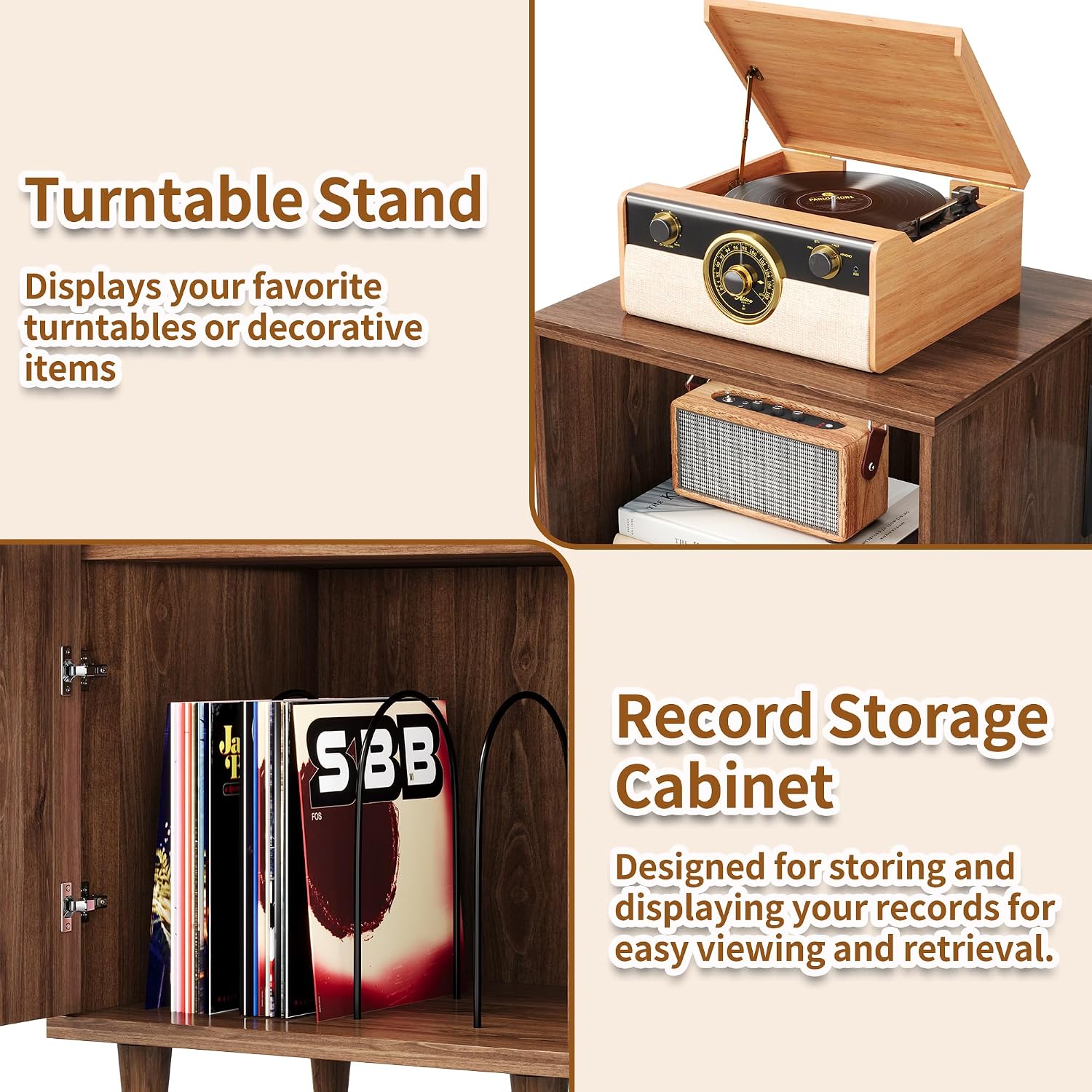 Guitar Stand with Vinyl Record Storage, Record Player Stand with Multiple Guitars Holder, Built-in Power Outlet, Guitar Amp Stand for Acoustic, Electric Guitar, Bass, Speaker, Amp