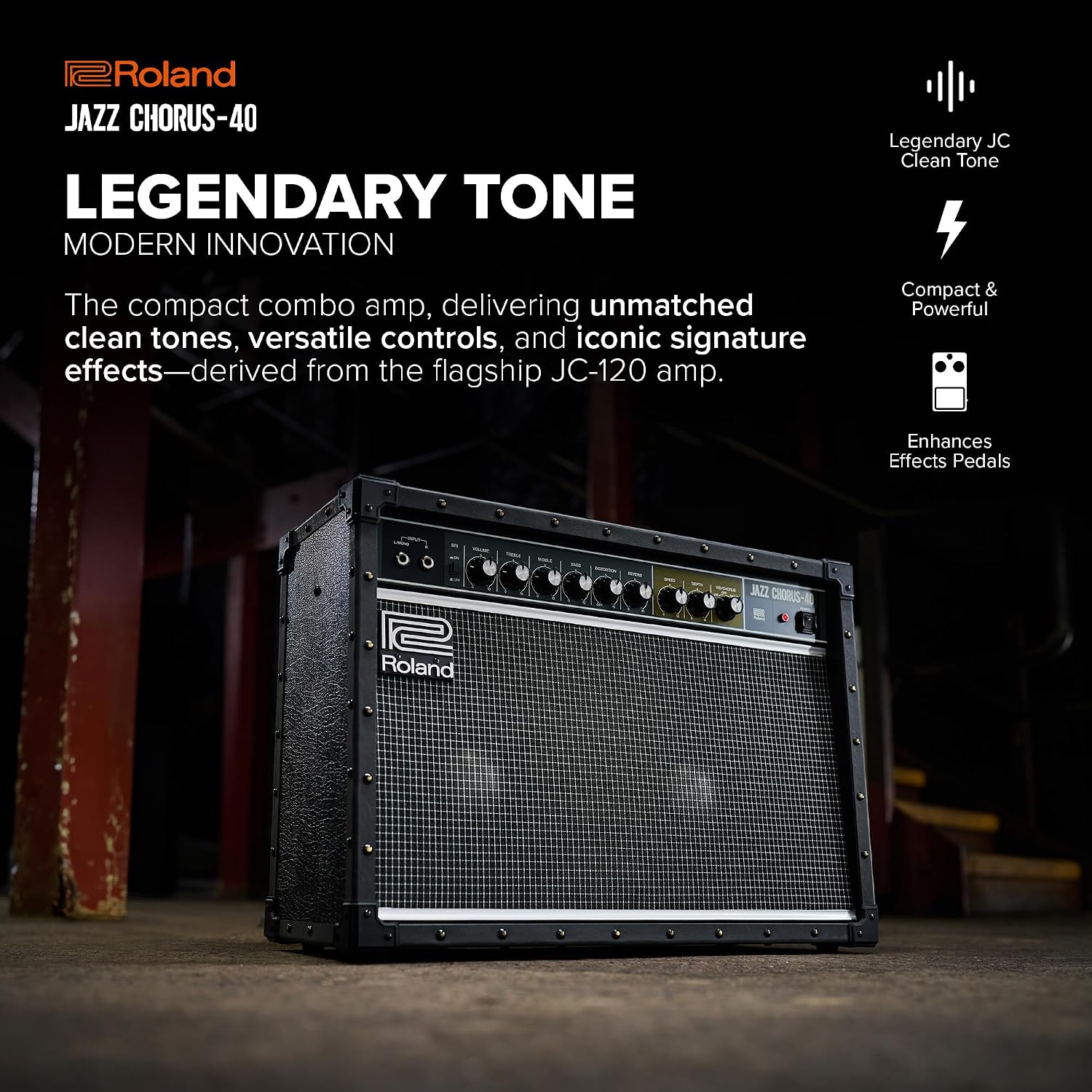 Roland JC-40 Jazz Chorus | Compact Guitar Amp | Iconic JC Clean Tone | Signature Dimensional Space Chorus Effect | Powerful 40-Watt Stereo Amp | Dual 10' Speakers | Enhances Pedals, Multi-FX & More