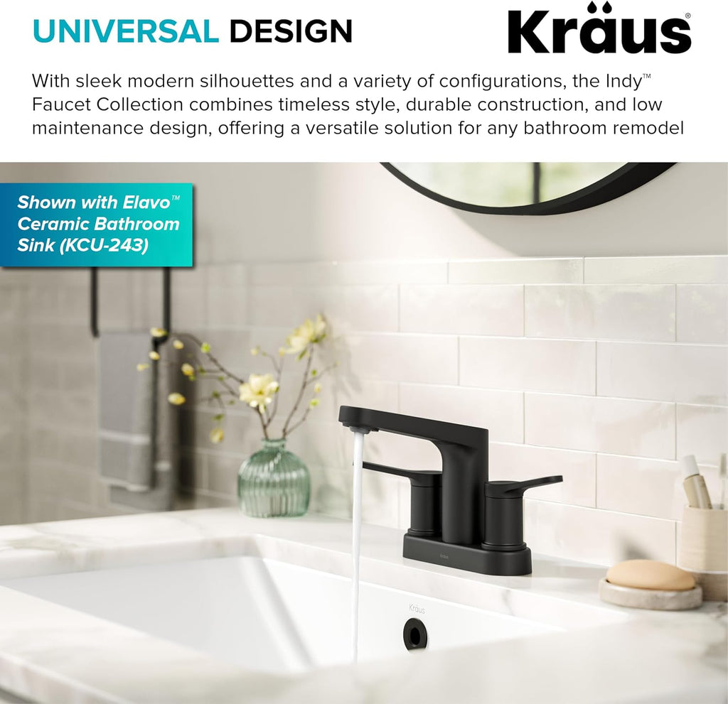 KRAUS Indy Centerset Bathroom Faucet in Matte Black with 2 Handles, Pop Up Drain and Supply Lines, FUS-14102MB