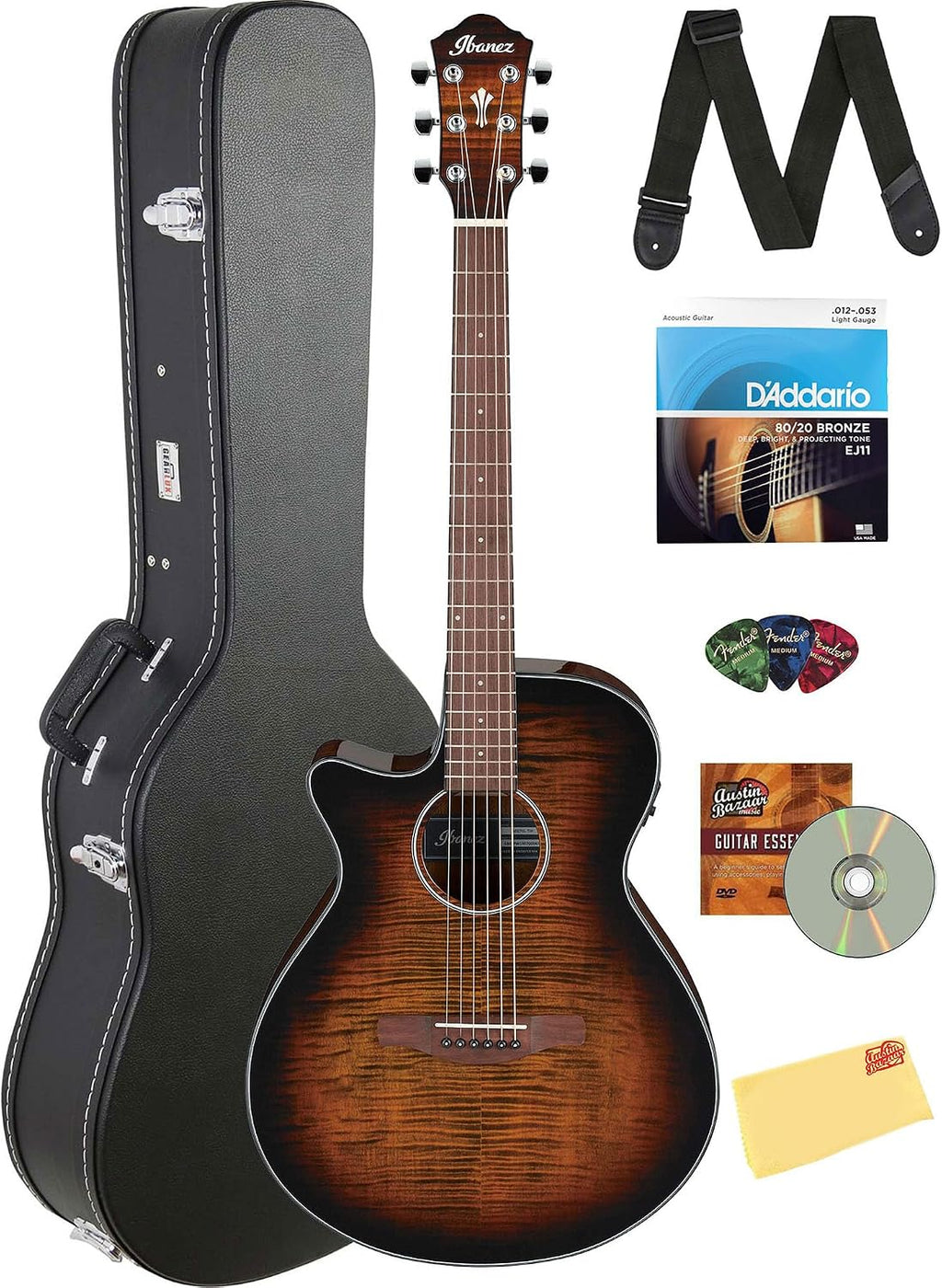 Ibanez AEG70L Left-Handed Acoustic-Electric Guitar - Tiger Burst High Gloss Bundle with Case, Strap, D'Addario Strings, Picks, Austin Bazaar Instructional DVD, and Polishing Cloth