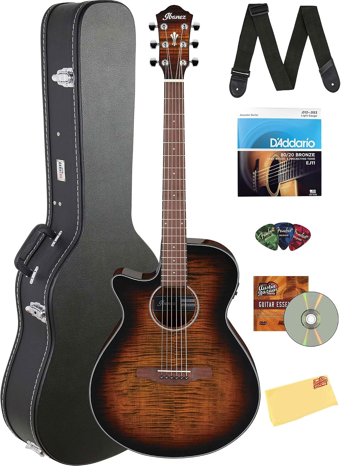 Ibanez AEG70L Left-Handed Acoustic-Electric Guitar - Tiger Burst High Gloss Bundle with Case, Strap, D'Addario Strings, Picks, Austin Bazaar Instructional DVD, and Polishing Cloth