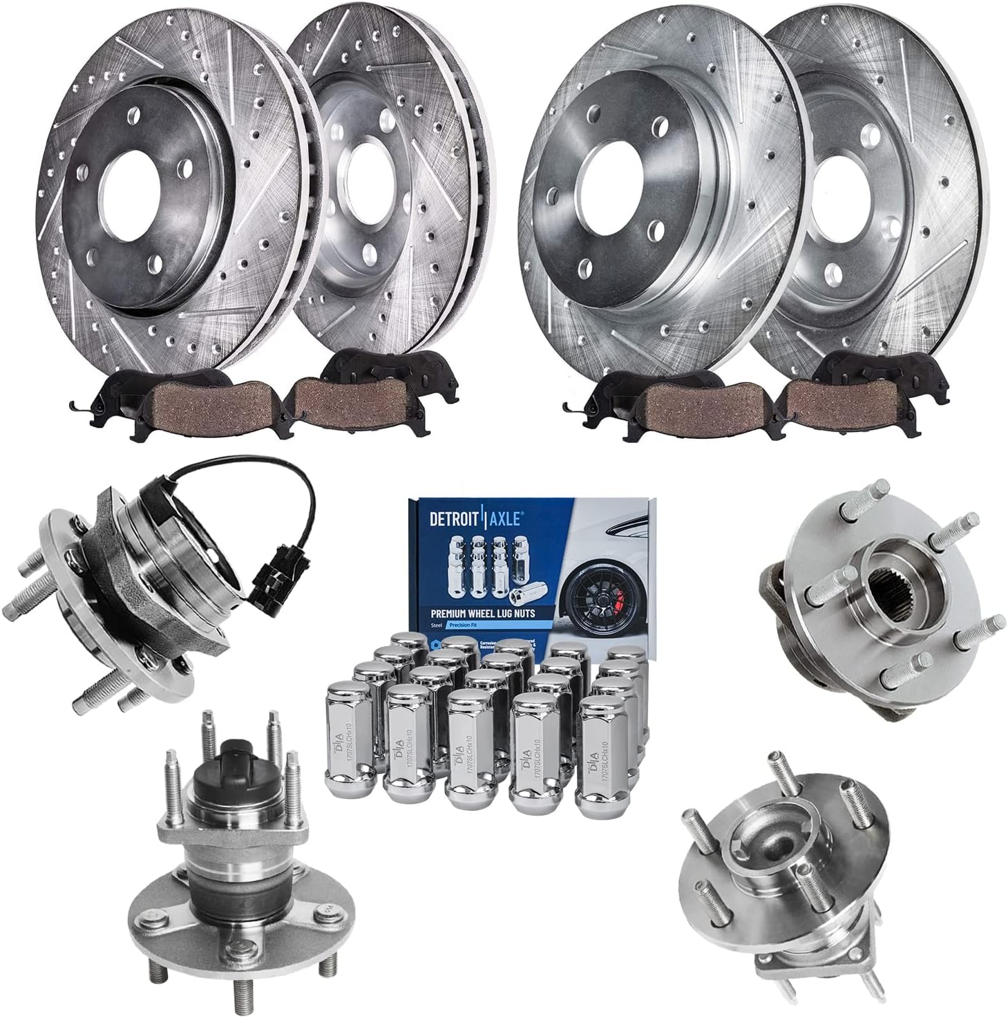Detroit Axle - Brake Kit for Chevy Malibu Pontiac G6 Saturn Aura, 11.65'' inch Front & 10.63'' inch Rear Drilled Brake Rotors Ceramic Brake Pads Wheel Bearing Hubs Wheel Lug Nuts Replacement
