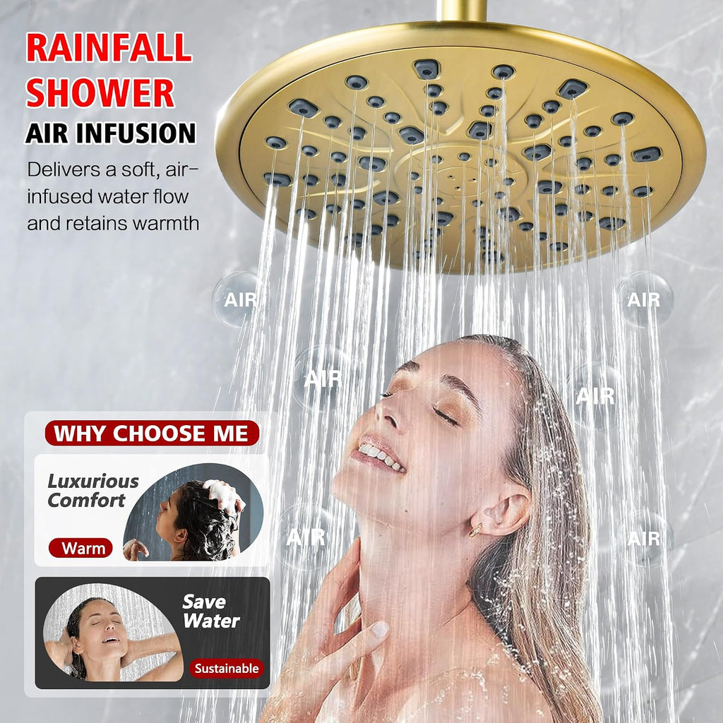 sumerain Shower System set with High Pressure Multi-modes Shower Heads and Handheld, Brushed Gold Rainfall Shower Faucet Complete with Slide Bar, Included Valve and Trim Kit