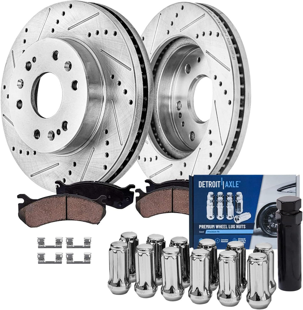 Detroit Axle - Front Brake Kit for Chevrolet GMC Silverado Sierra 1500 Tahoe Yukon Escalade Drilled & Slotted Disc Brake Rotors Ceramic Brake Pads Lug Nuts w/key Replacement : 12.99' inch Rotor