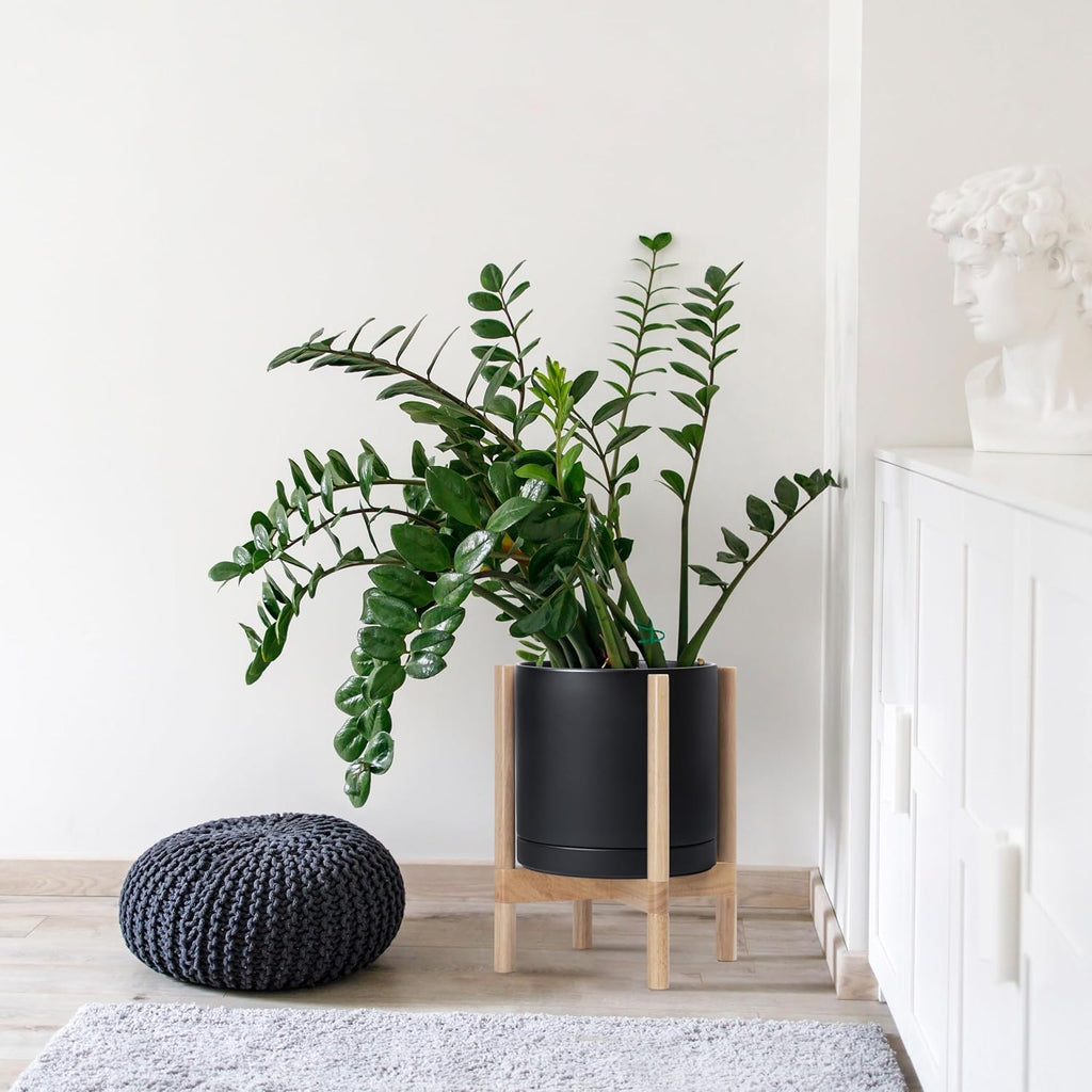 D'vine Dev Ceramic Planter with Natural Stand - 12 Inch Modern Round Flower Pot with Wood Planter Holder, Black, 55-B-J-2