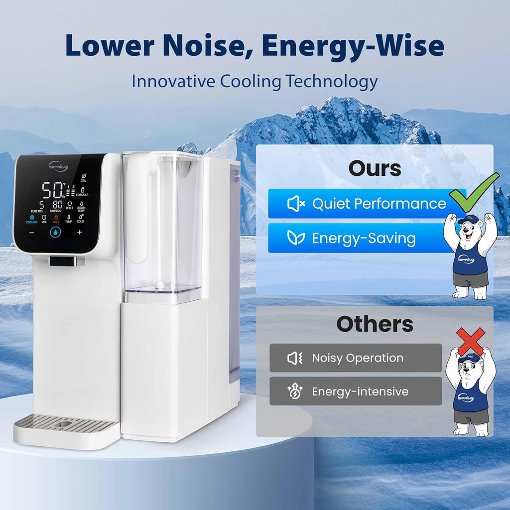 iSpring RCD100-THCW Hot & Cold Countertop Reverse Osmosis System, White, RO Water Filter Dispenser, 9 Temperature Options from 50–210°F & 6 Dispensing Volumes, TDS & Filter Life Monitor