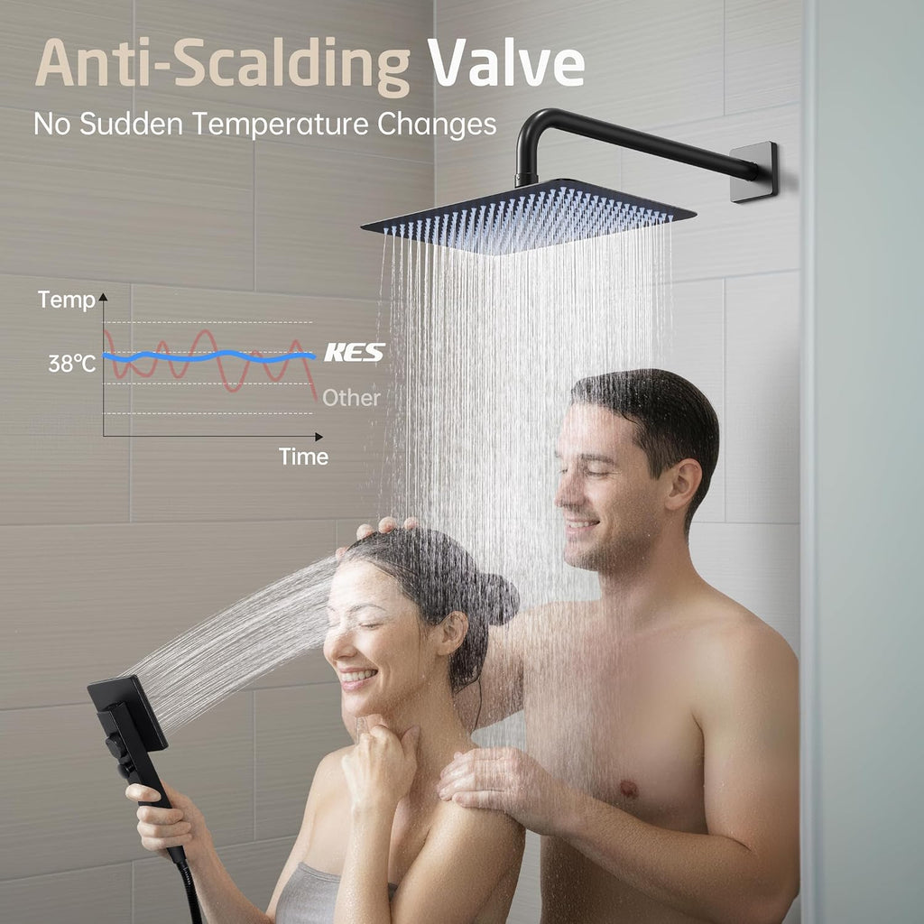 KES Black Bathtub Shower Faucet Set with 12' Rectangle Rain Shower Head, Shower System with 3-Modes Handheld Spray and Waterfall Tub Spout, cUPC Anti-Scald Valve included, XB6336S12-BK