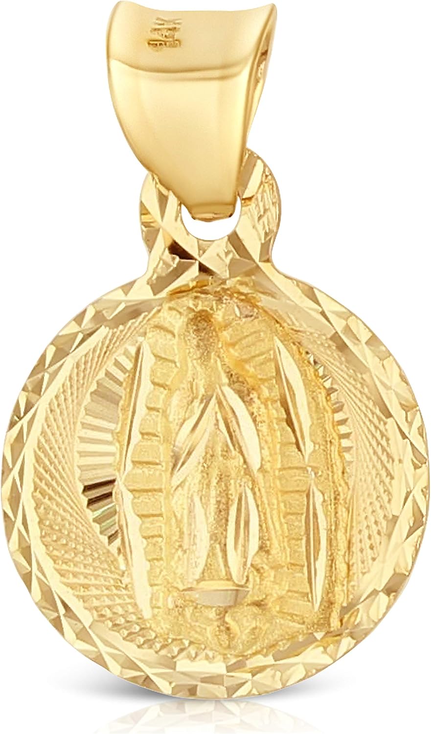 Ioka 14K Yellow Gold Diamond Cut Our Lady of Guadalupe Stamp Charm Pendant with 0.9mm Singapore Chain Necklace