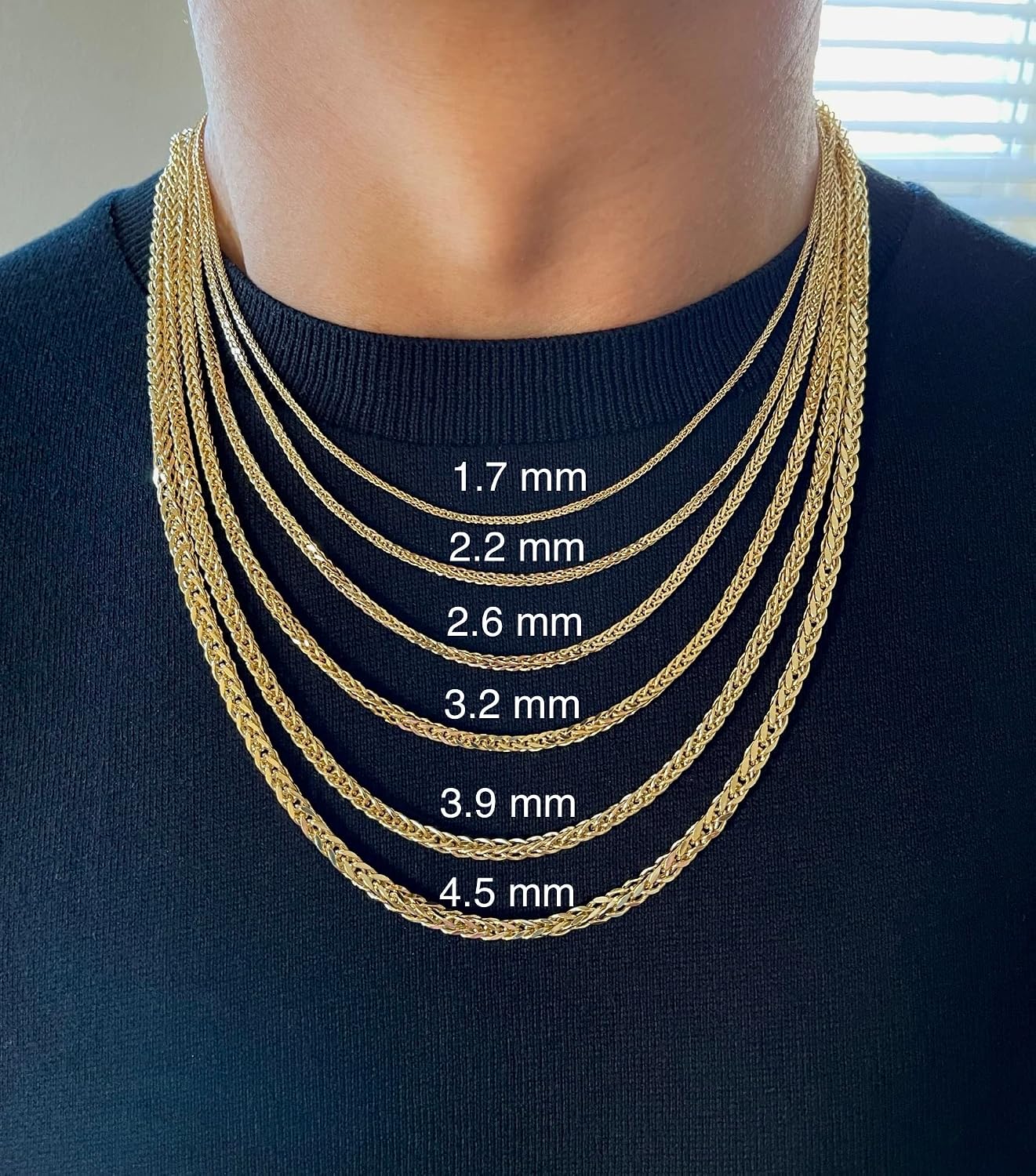 JEWELHEART 10K and 14K Gold Square Wheat Chain 1.5mm 1.7mm 2.2mm 2.6mm 3.2mm 3.9mm 4.5mm Yellow Real Gold Chains Diamond Cut Braided Franco Chain Necklace For Women with Lobster Clasp 16' 18' 20' 22' 24'