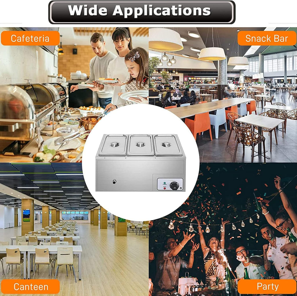 Electric Food Warmer, 3 Section Buffet Warmer and Hot Plate, Stainless Steel Electric Buffet Server, Adjustable Thermostat Commercial Countertop Food Warmer with Covers, Drain Tap for Restaurants