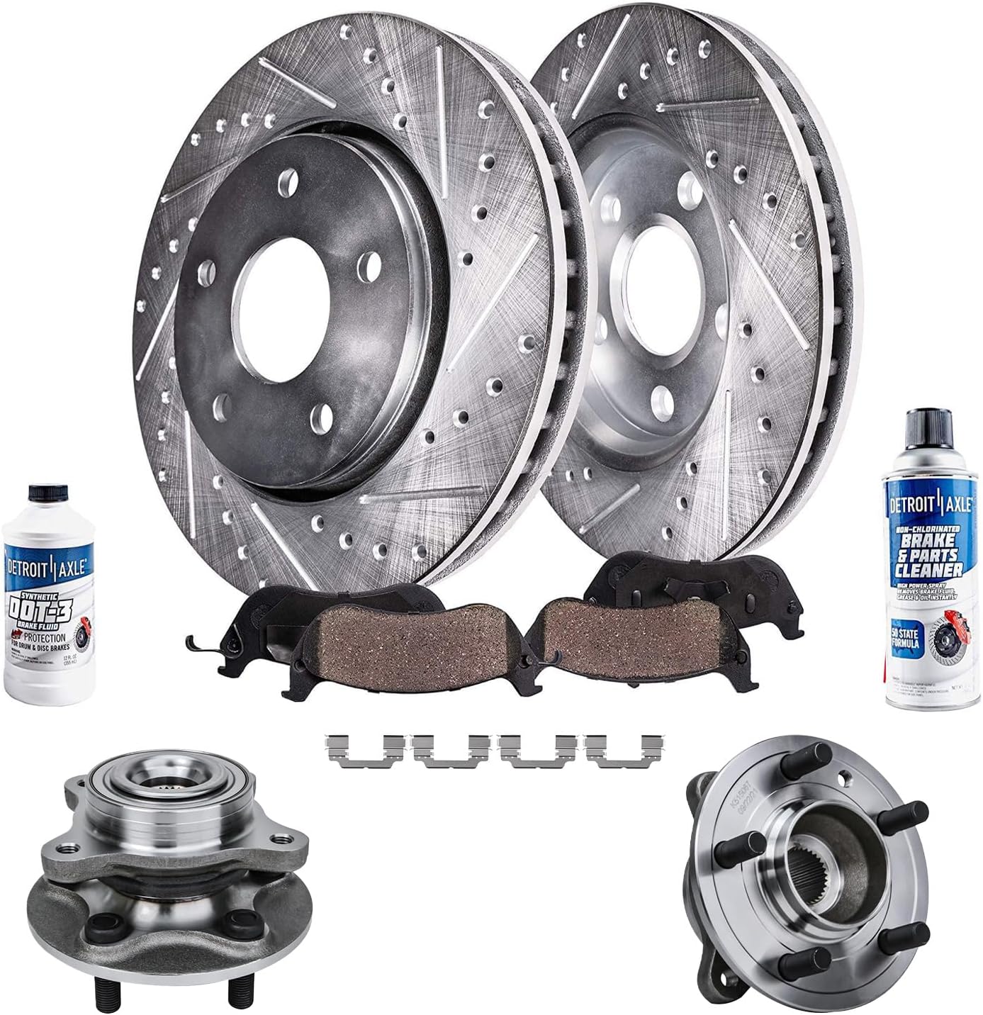 Detroit Axle - Front Brake Kit for 2010-2016 Land Rover LR4, 2010-2013 Range Rover Sport, Drilled & Slotted Brake Rotors Ceramic Brake Pads Wheel Bearing Hubs 2011 2012 Replacement