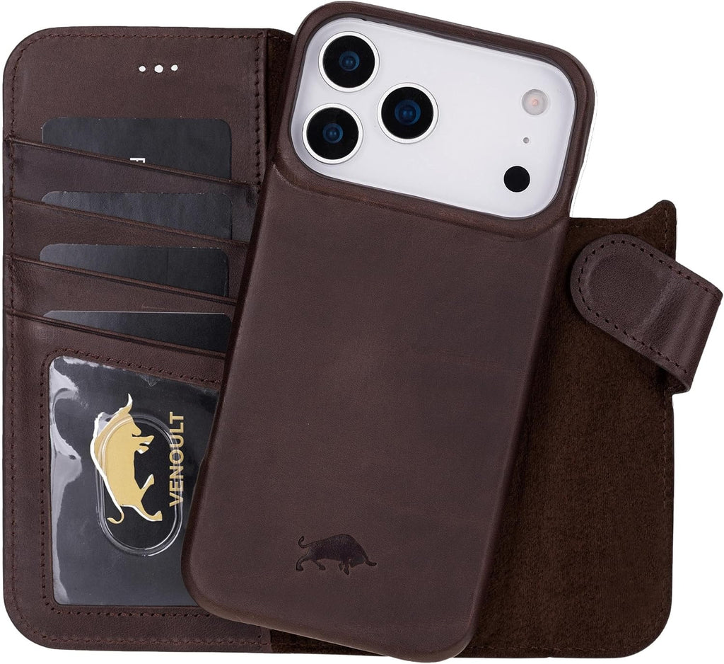 VENOULT Leather Wallet Case for iPhone 17 Pro Max, Full Grain Genuine Leather, Magnetic Detachable, 4 Card Holder, Buesiness Style, Compatible with MagSafe, RFID, Handmade (Chcolate)