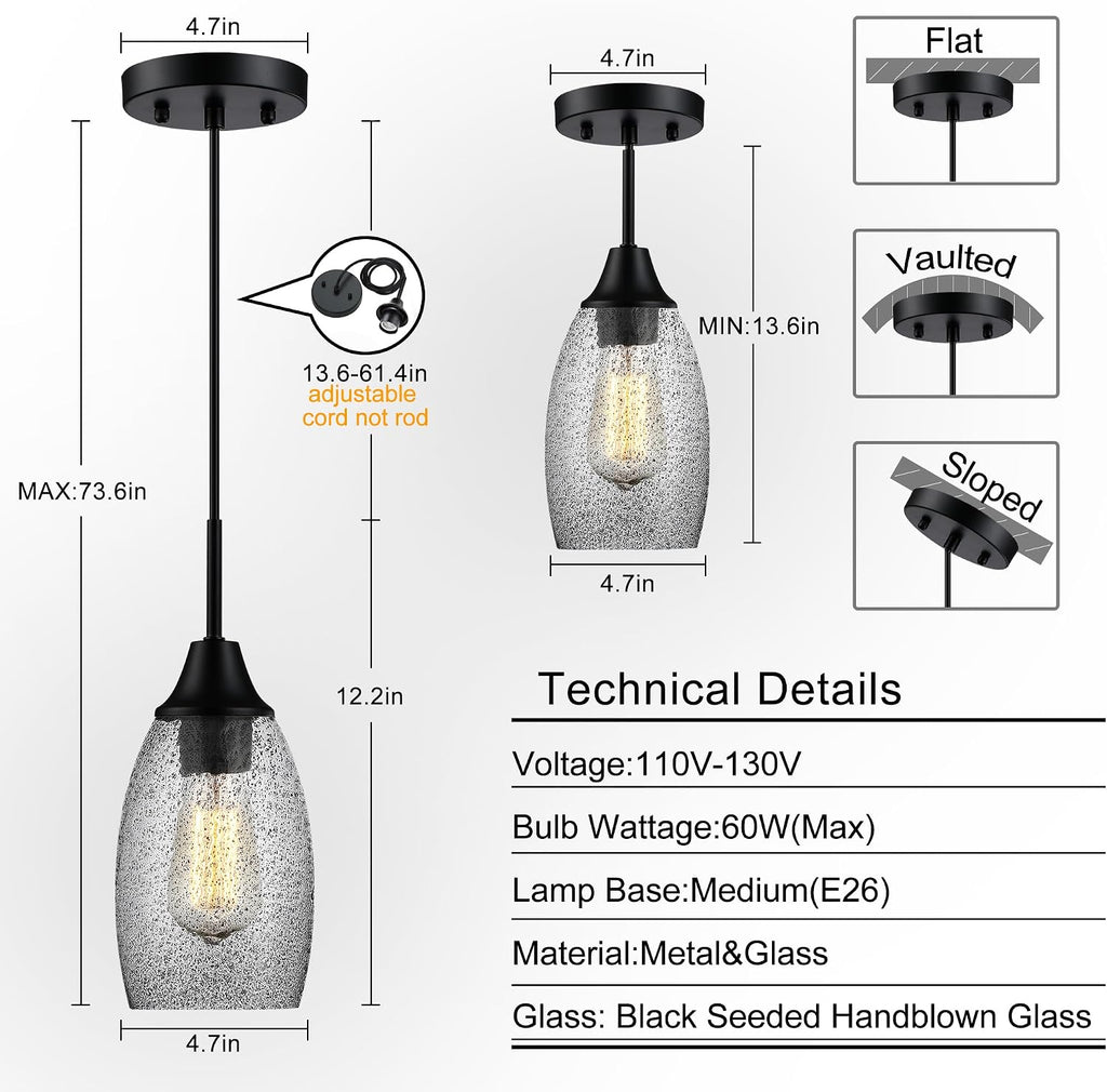 Viinew Mini Glass Pendant Light,4.72' Black Glass Hanging Light 3-Pack Handblown Clear Black Seeded Shade Adjustable Cord Ceiling Light Fixture for Kitchen Island Sink