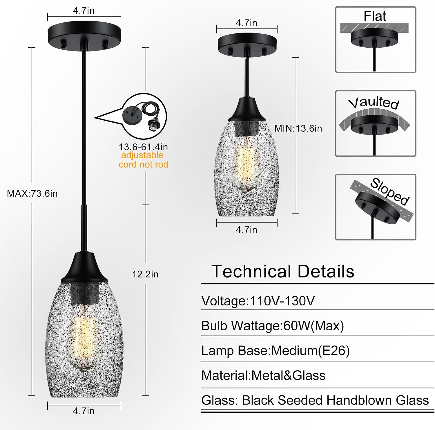 Viinew Mini Glass Pendant Light,4.72' Black Glass Hanging Light 3-Pack Handblown Clear Black Seeded Shade Adjustable Cord Ceiling Light Fixture for Kitchen Island Sink