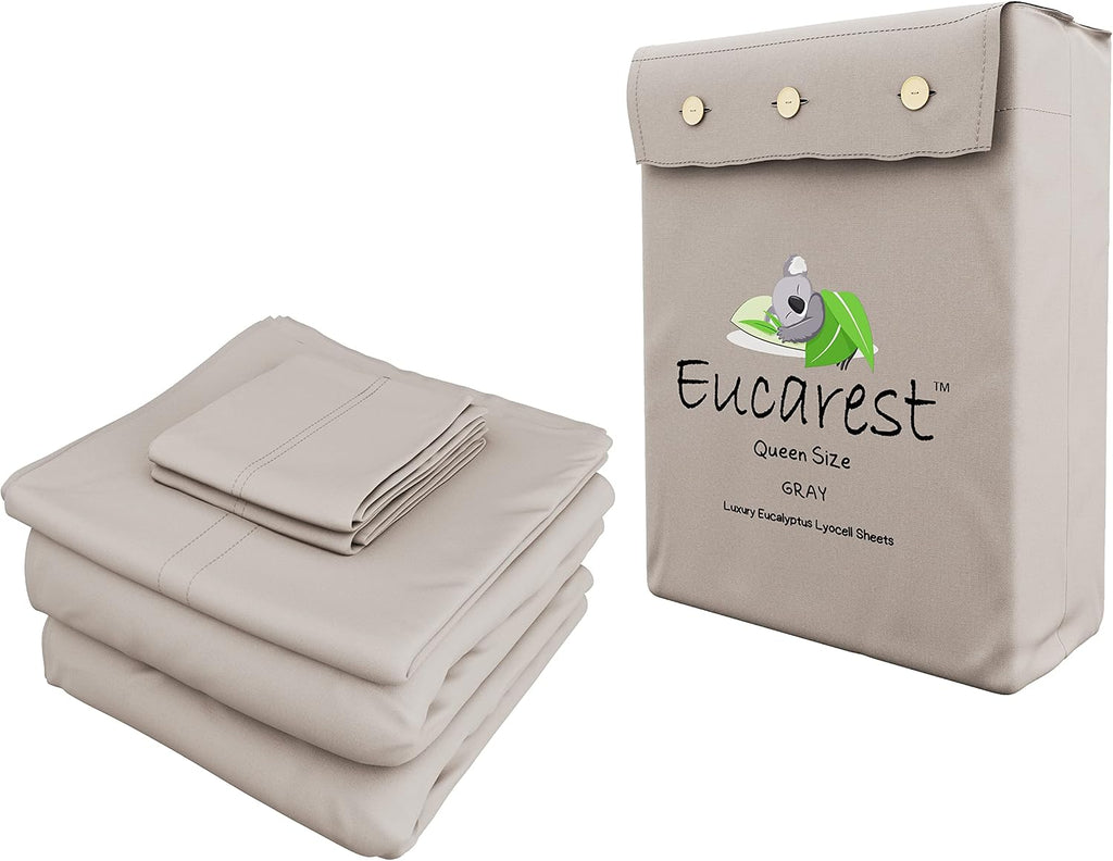 Eucalyptus Lyocell Bed Sheets, Hypoallergenic 100% Organic Tencel, Thermal Regulating and Moisture Wicking for Hot Sleepers, Superior Thread Quality, Extra Deep Pockets Queen Size - Gray