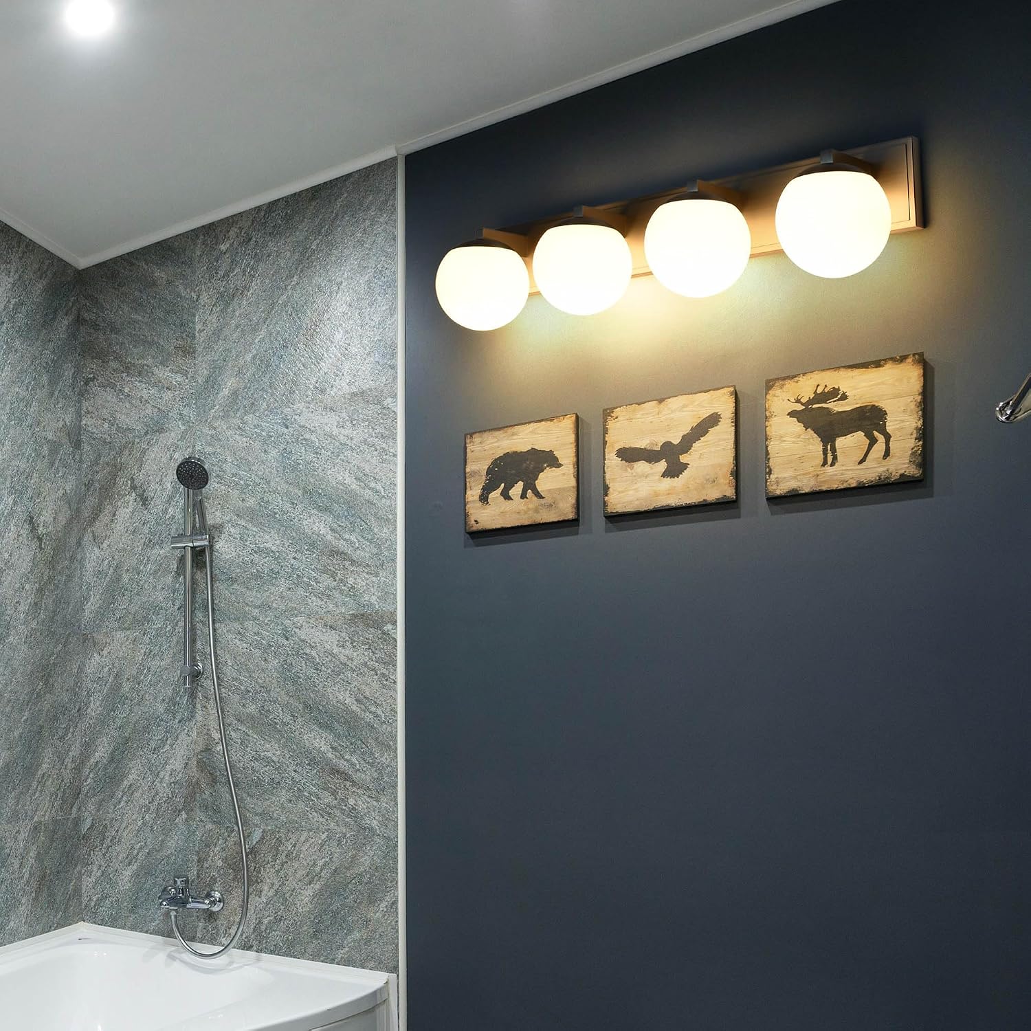Bathroom Vanity Light Fixtures, 4-Light Globe Bathroom Lighting Fixtures Over Mirror, Modern Wall Lights for Living Room, Long Backplate, Standard E26 Base, Brushed Nickel