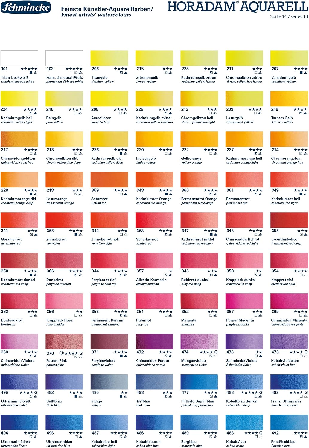 Schmincke - HORADAM® AQUARELL Premium Color Box with 47 Colors, ONetz and Porcelain Palette, 74548097, Wooden Box, Painting Set, Finest Watercolors, 47 x 1/2 Pans