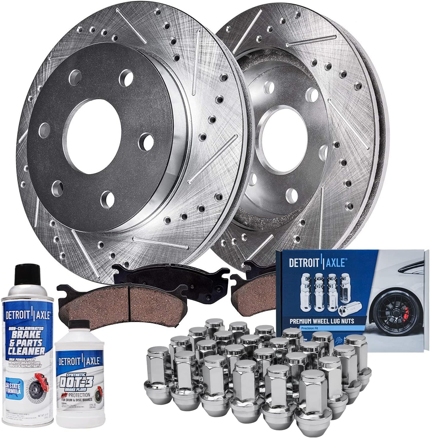Detroit Axle - 4WD Front Brake Kit for 04-08 Ford F-150 06-08 Lincoln Mark LT [6 Lugs], Drilled & Slotted Disc Brake Rotors Ceramic Brake Pads Wheel Lug Nuts 2005 2006 2007 Replacement