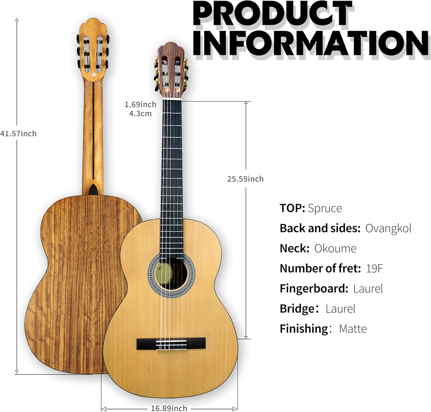 TARIO 39 Inch Classical Guitar Full Size Acoustic Guitar Spruce top Ovangkol back and sides Okoume neck laurel fingerboard