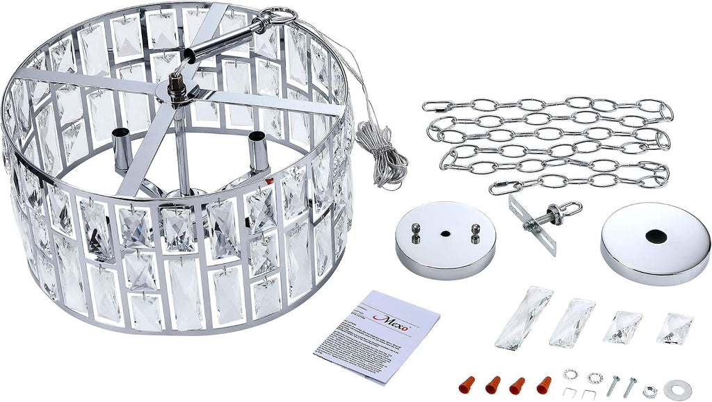 MEXO Farmhouse Crystal Convertible Chandelier and Semi Flush Mount Lighting Chrome Cylinder Drum Shade Pendant for Kitchen Island Dining Room Bedroom Hallway