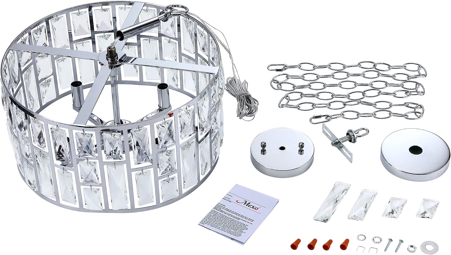 MEXO Farmhouse Crystal Convertible Chandelier and Semi Flush Mount Lighting Chrome Cylinder Drum Shade Pendant for Kitchen Island Dining Room Bedroom Hallway