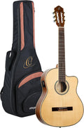 Ortega Guitars 6 String Family Series Pro Solid Top Acoustic-Electric Nylon Classical Guitar w/Bag, Right, Full (RCE141NT)