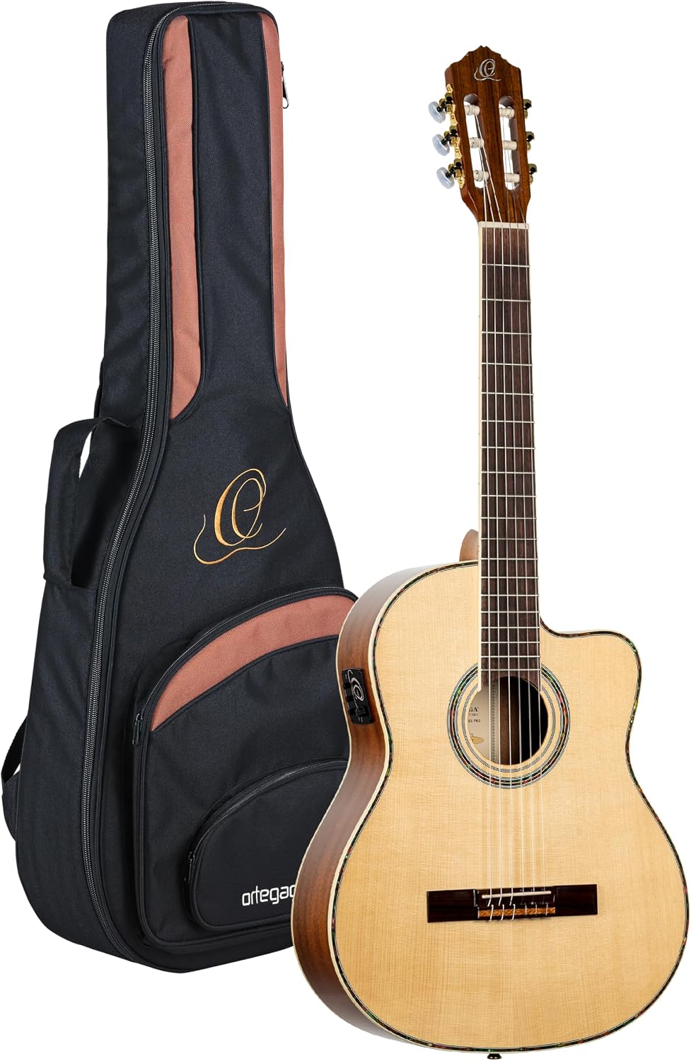 Ortega Guitars 6 String Family Series Pro Solid Top Acoustic-Electric Nylon Classical Guitar w/Bag, Right, Full (RCE141NT)