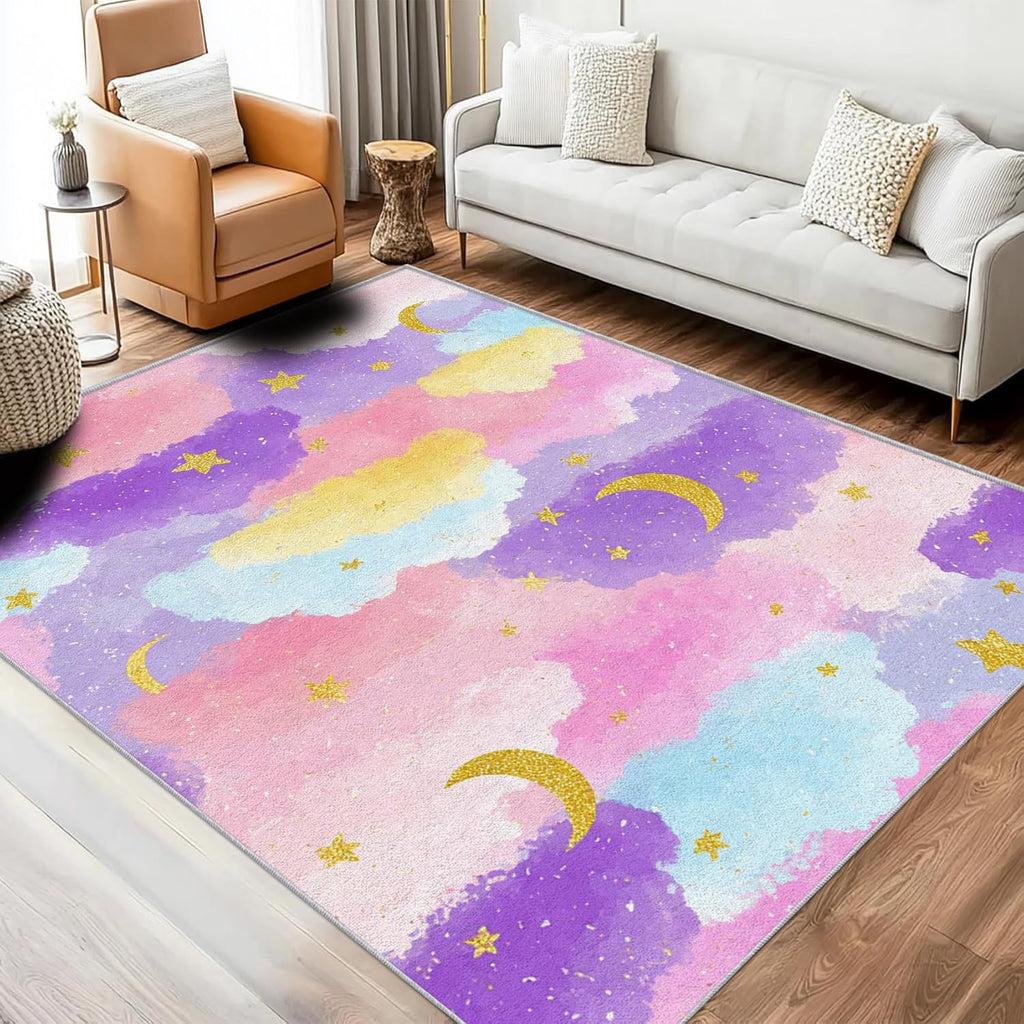 Rainbow Cloud Rug 8x12 for Bedroom, Moon Star Patterned Living Room Area Rug, Rainbow Cloud Kids Boys Girls Room Decor, Washable Soft Thin Carpet with Non Slip Backing, 8 x 12 ft - Lu11708