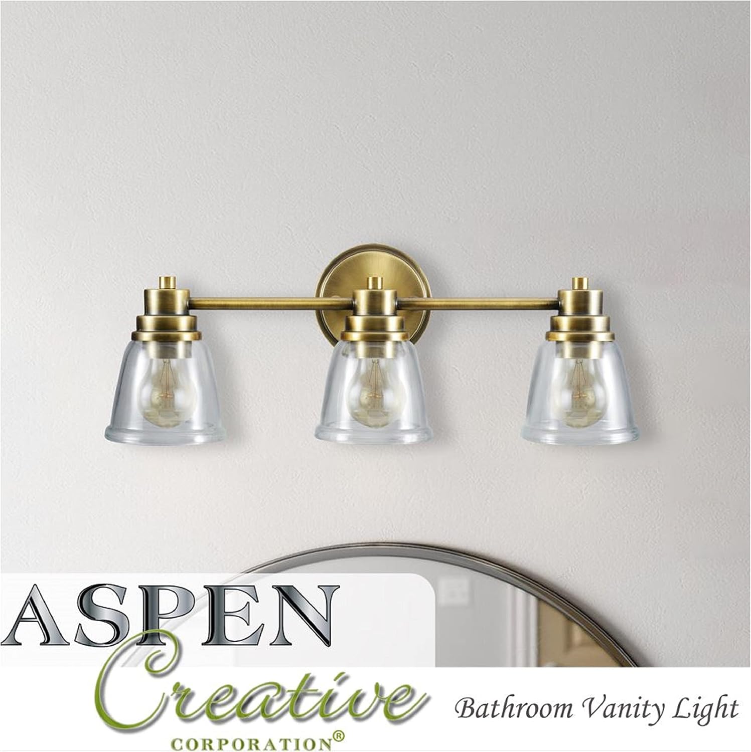 Aspen Creative 62099, Three-Light Metal Bathroom Vanity Wall Light Fixture, 24 1/2' Wide, Transitional Design in Brushed Nickel with Clear Seedy Glass Shade