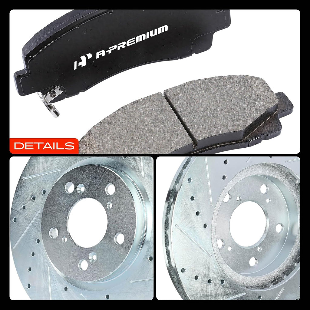 A-Premium 12.59 inch (319.7mm) Front Drilled and Slotted Disc Brake Rotors + Ceramic Pads Kit Compatible with Select Honda Models - Ridgeline 2006 2007 2008 2009 2010 2011, 3.5L, 6-PC Set