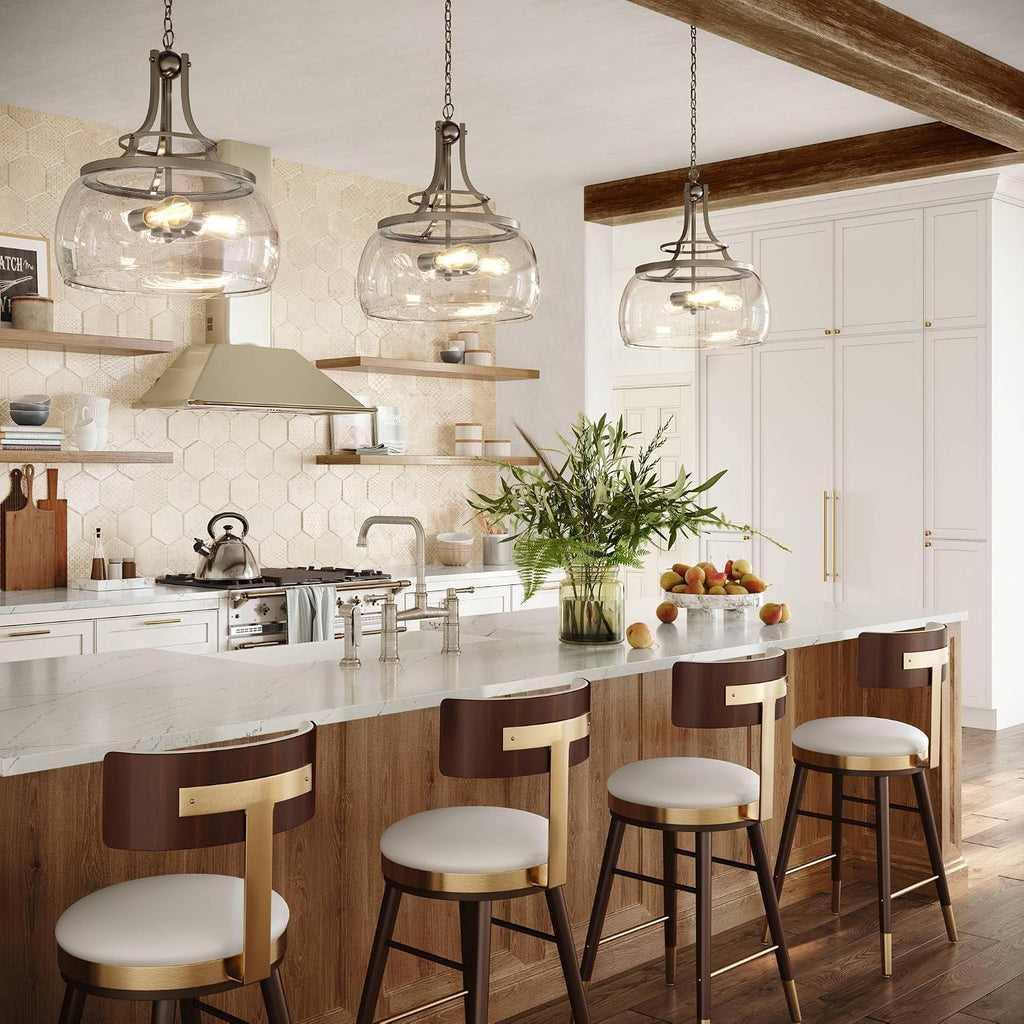 Franklin Iron Works Charleston Satin Nickel Pendant Chandelier 16' Wide Rustic Farmhouse Seeded Clear Glass LED 3-Light Fixture for Dining Room House Foyer Entryway Kitchen Bedroom Living Room