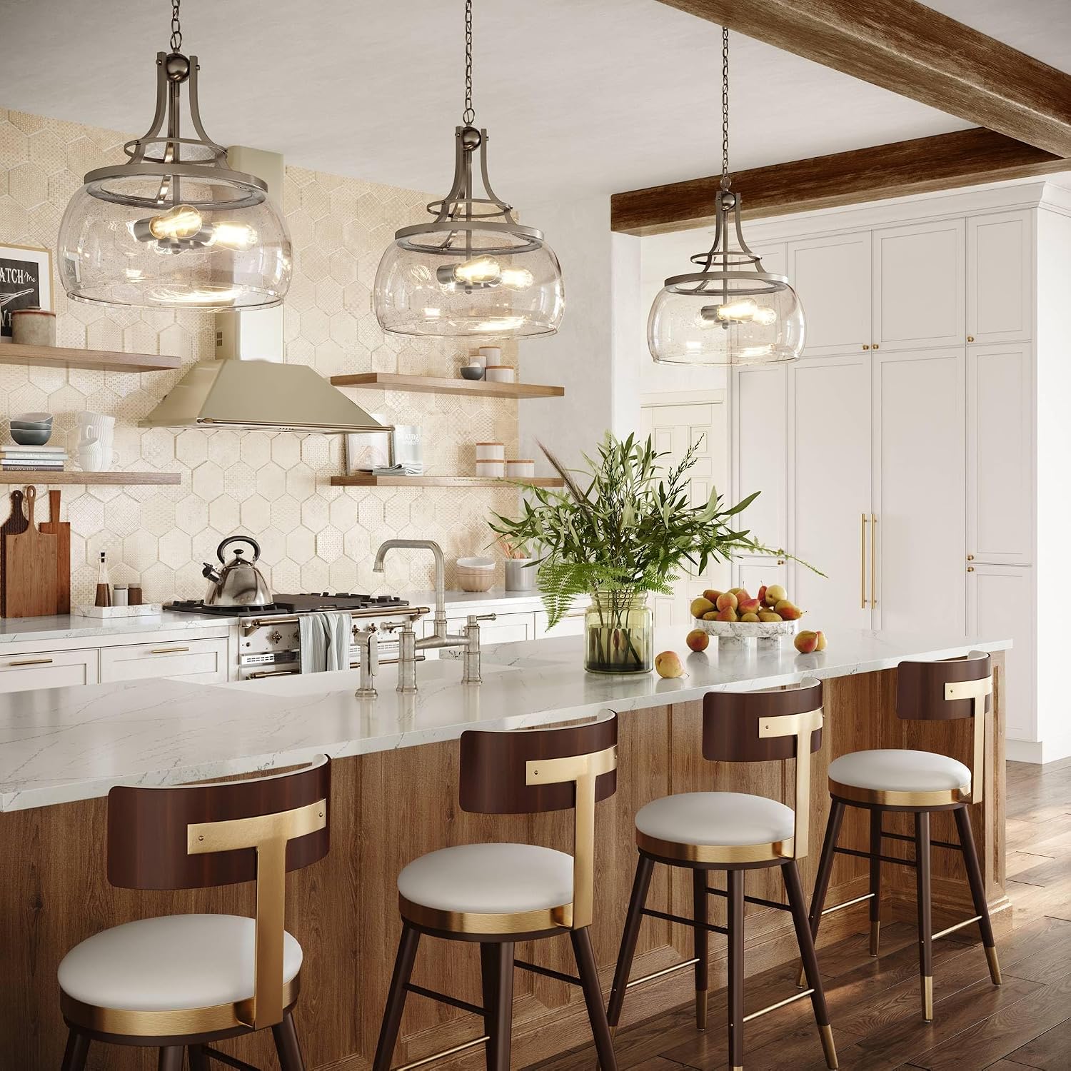 Franklin Iron Works Charleston Satin Nickel Pendant Chandelier 16' Wide Rustic Farmhouse Seeded Clear Glass LED 3-Light Fixture for Dining Room House Foyer Entryway Kitchen Bedroom Living Room