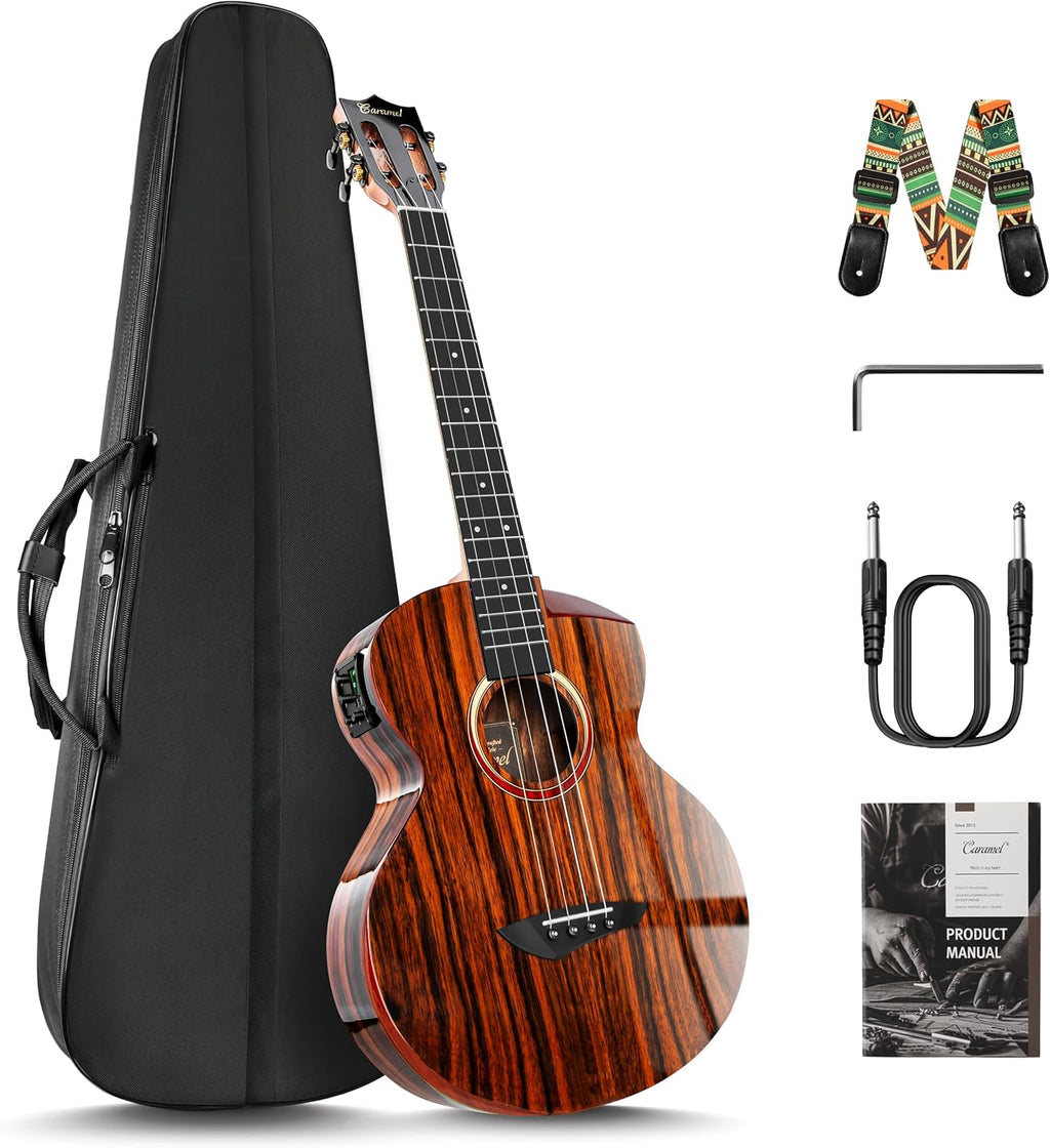 Caramel BEG91 Cutaway Ebony Glossy Baritone Acoustic & Electric Ukulele with Armrest | 30-inch Handmade Professional Ukelele Kit with Accessories