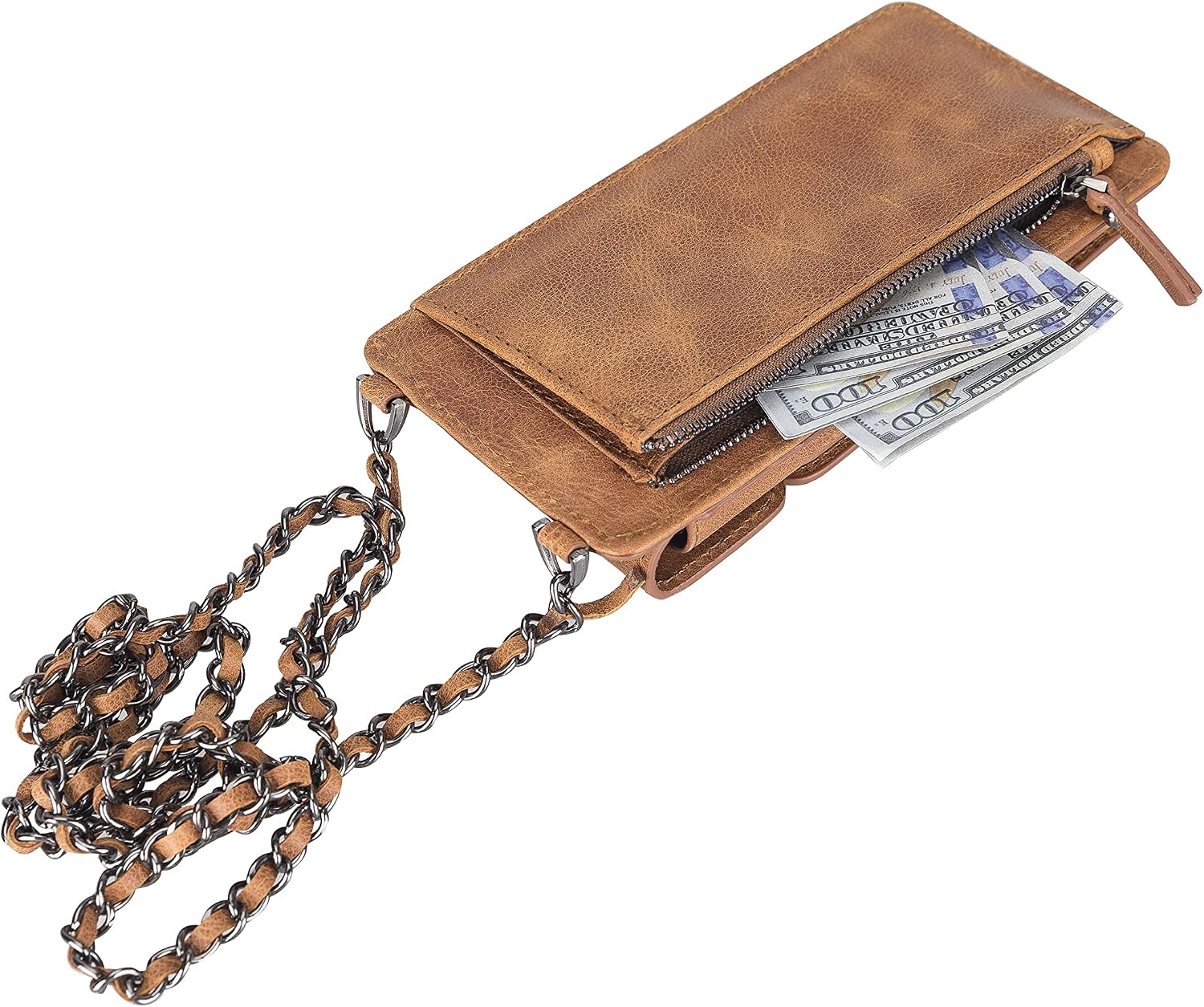 Crossbody Women Wallet fits iPhone 16 Pro MAX / 17 Pro MAX and All Mobile Devices up to 6.9' - Zippered Women Purse, Shoulder Bag with Card Holder, Pocket & Chain Strap, Trendy (Almond)