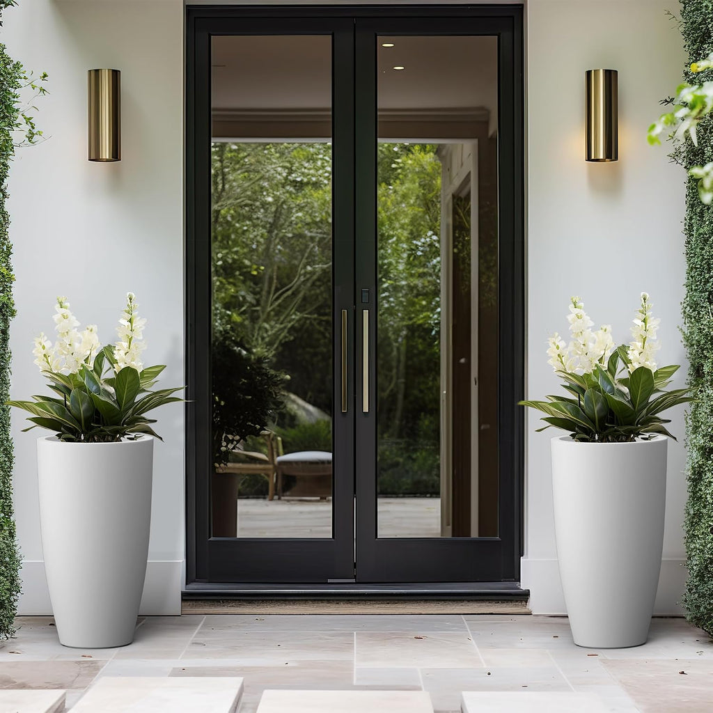 Kante 23.6' H Pure White Concrete Tall Planters (Set of 2), Large Outdoor Indoor Decorative Plant Pots with Drainage Hole and Rubber Plug, Modern Style for Home and Garden