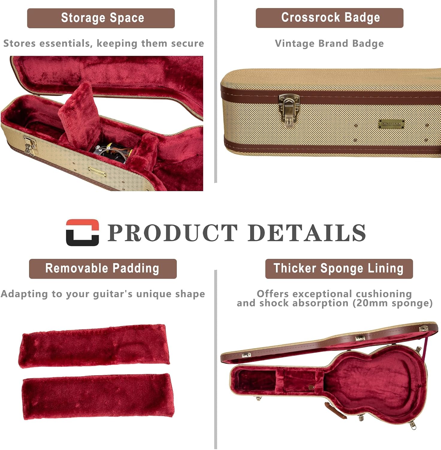 Crossrock Dreadnought Acoustic Guitar Case for Gibson J-45 / Martin D-Style | Classic Fabric Tweed Exterior, Re-Engineered Shell, Leather Handle & Deep Red Velvet Interior(CRW700DTW)