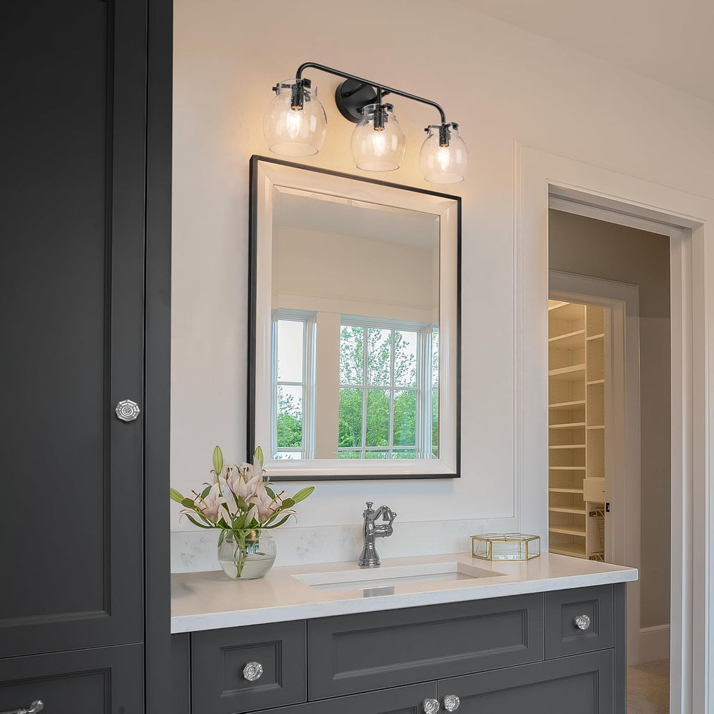 KSANA Black Bathroom Light Fixtures, 3 Light Matte Black Vanity Lights for Bathroom with Seeded Glass Globe, 22' Modern Farmhouse Bathroom Lights Over Mirror