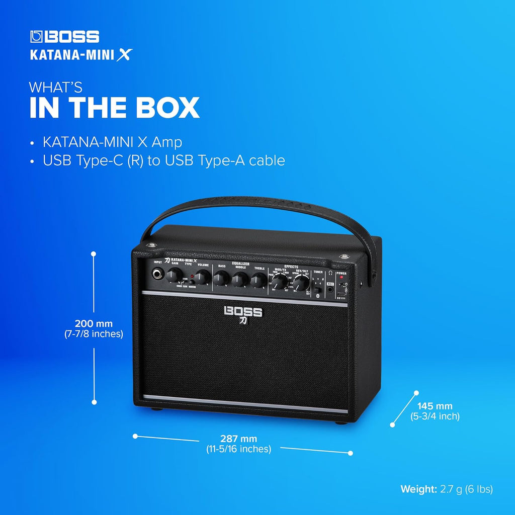 BOSS Katana-Mini X | Powerful 10-Watt Mini Amplifier for Electric, Acoustic & Bass | Tube Logic Design | Custom 5' Speaker | Versatile Sounds & Dual Effects | Bluetooth | Built-in Rechargeable Battery