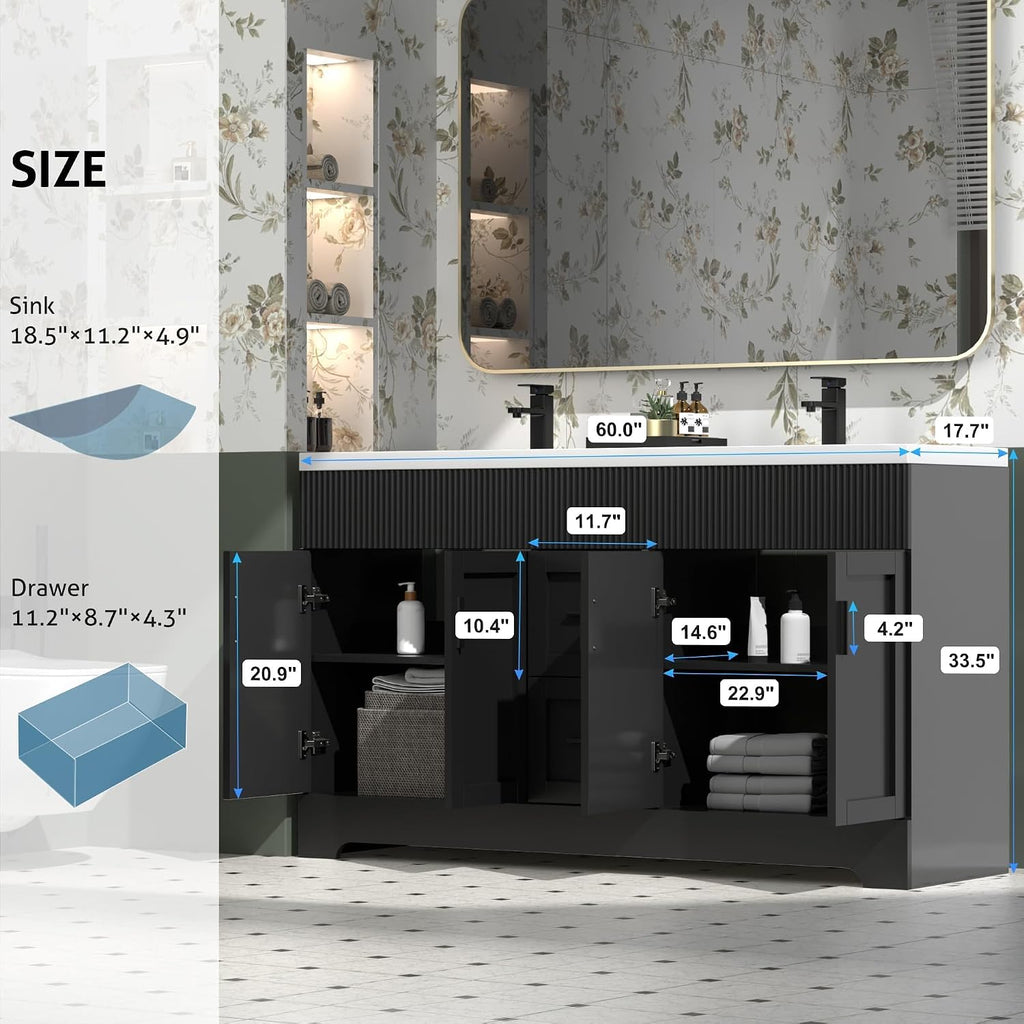 eclife 60' Bathroom Vanities Sink Combo with Painted Surface, Modern Drawered Cabinet W/Decorative Wave Lines, Undermount Double White Sink, Matte Black Faucet Drain, Black