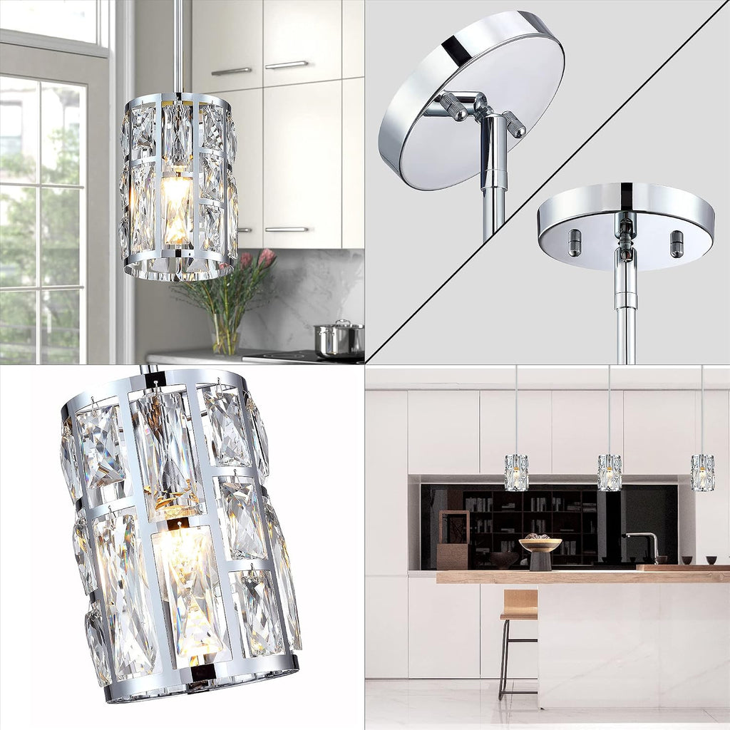 MEXO Modern Crystal Pendant Light Fixture 3-Pack Chrome Finish Hanging Lighting Crystal Chandelier for Kitchen Island