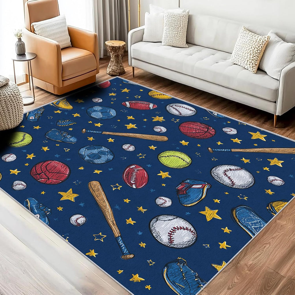 Sports Ball Rug 8x12 for Bedroom, Soccer Basketball Patterned Living Room Area Rug, Sports Ball Kids Boys Girls Room Decor, Washable Soft Thin Carpet with Non Slip Backing, 8 x 12 ft - Lu11428