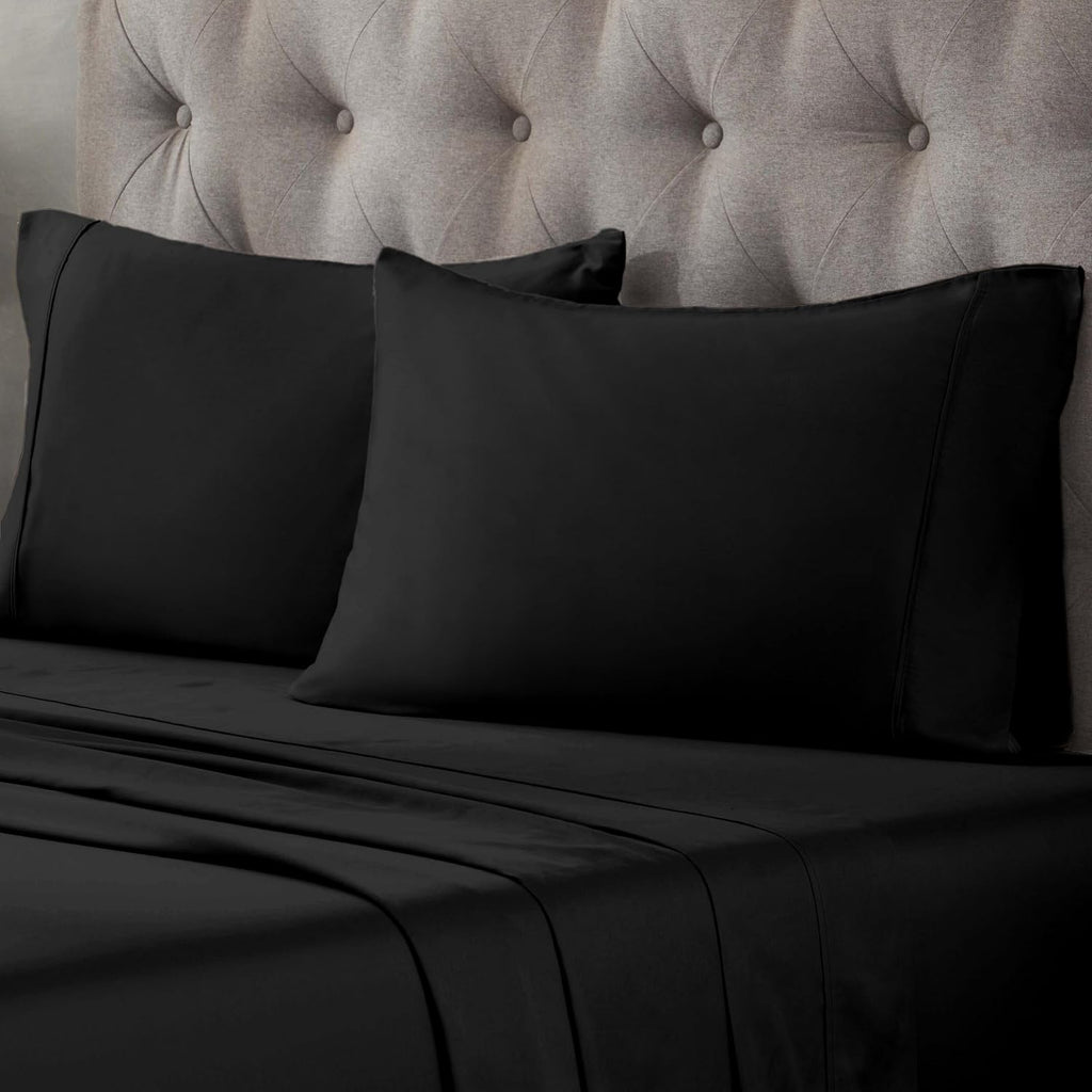 Superior Egyptian Cotton 400 Thread Count Bed Sheet Set, 1 Elastic Deep Pocket Fitted Sheet, 1 Flat Sheet, 2 Pillowcases, Soft Bedding, Luxury Sheets, Sateen Weave, Full Size, Black