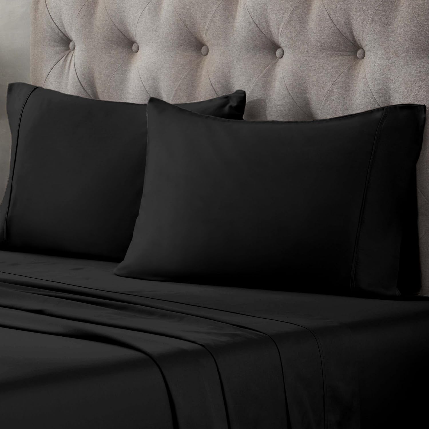 Superior Egyptian Cotton 400 Thread Count Bed Sheet Set, 1 Elastic Deep Pocket Fitted Sheet, 1 Flat Sheet, 2 Pillowcases, Soft Bedding, Luxury Sheets, Sateen Weave, Full Size, Black
