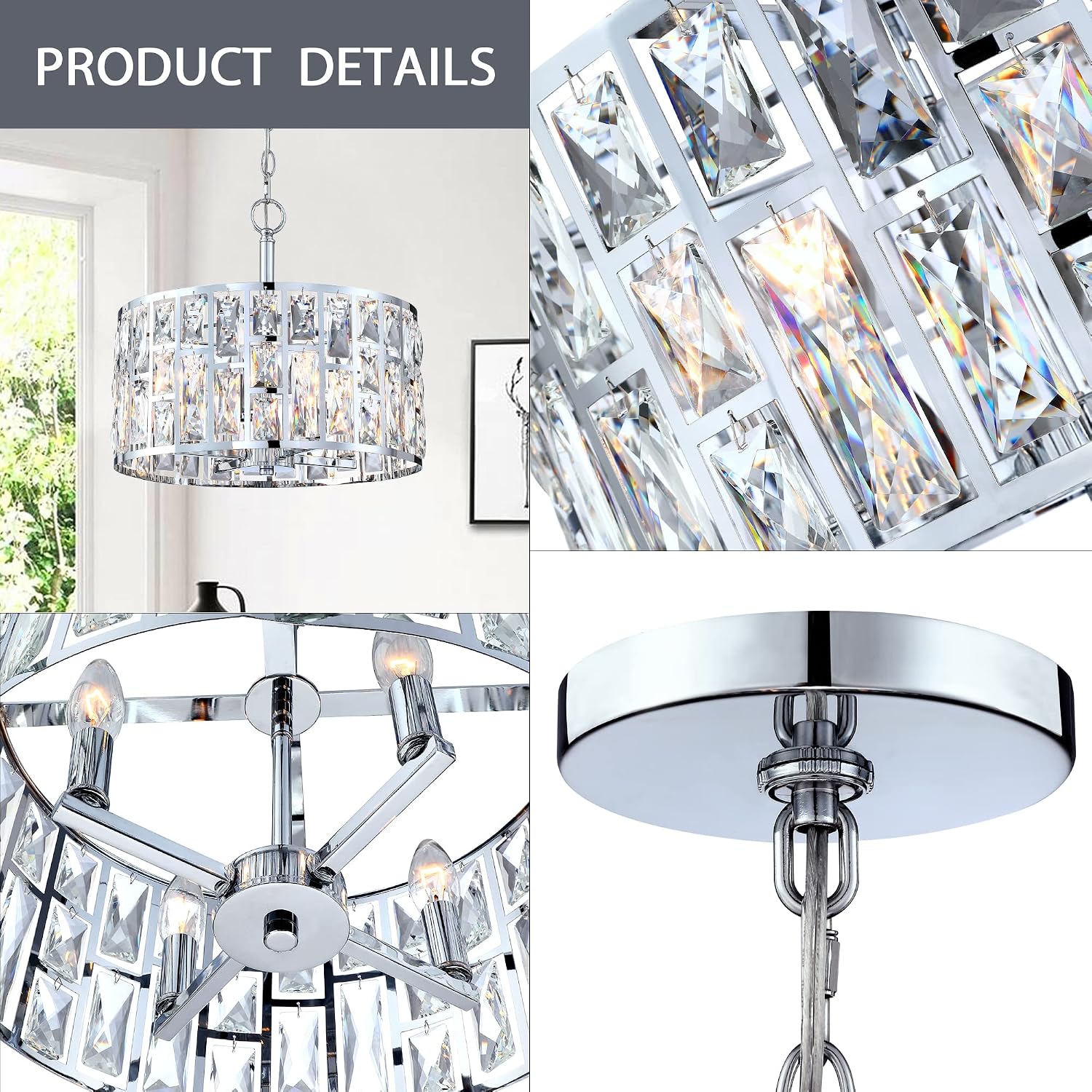 MEXO Farmhouse Crystal Convertible Chandelier and Semi Flush Mount Lighting Chrome Cylinder Drum Shade Pendant for Kitchen Island Dining Room Bedroom Hallway