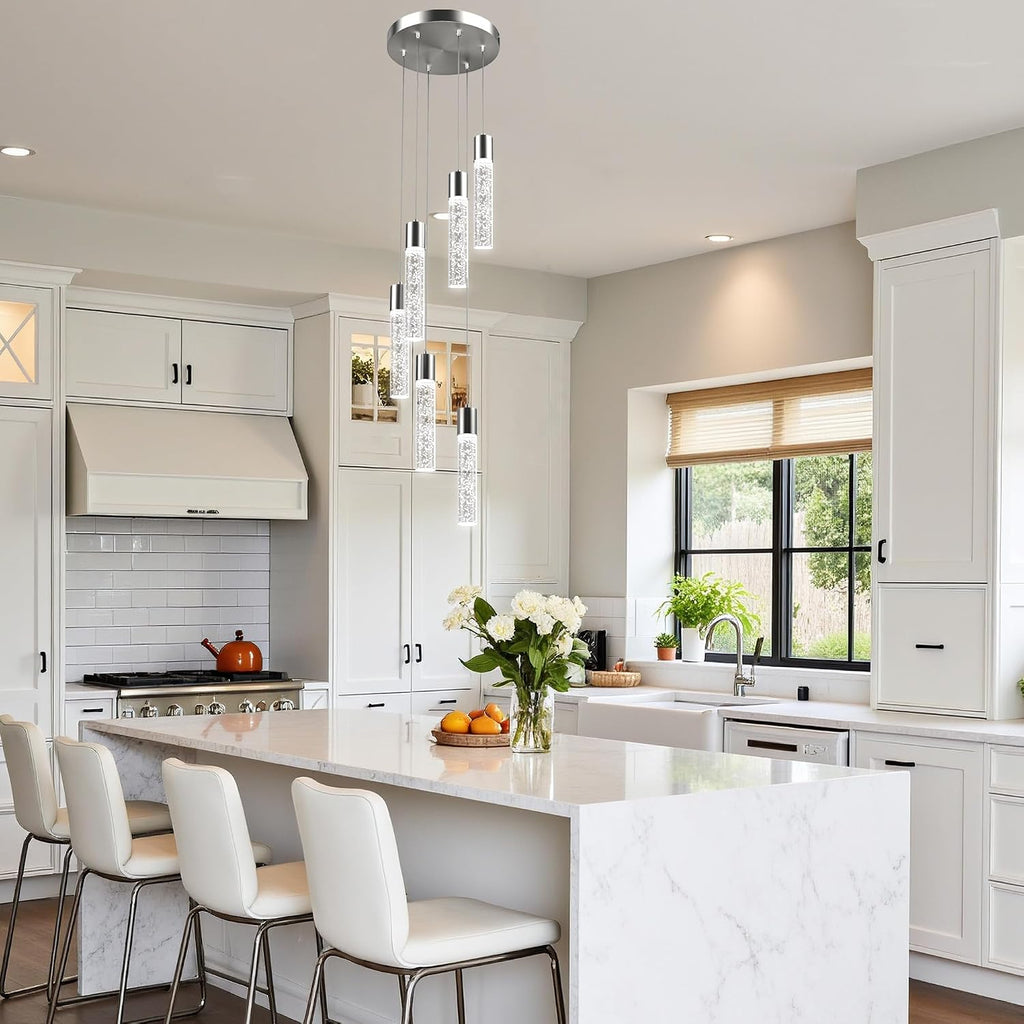 Pendant Lights Kitchen Island, 3000K-6500K Modern Kitchen Island Lights, Ceiling Lighting Fixtures with Crystal Bubble, 3 Color Integrated LED Hanging Light Brushed Nickel 1 Pack(6-Light)