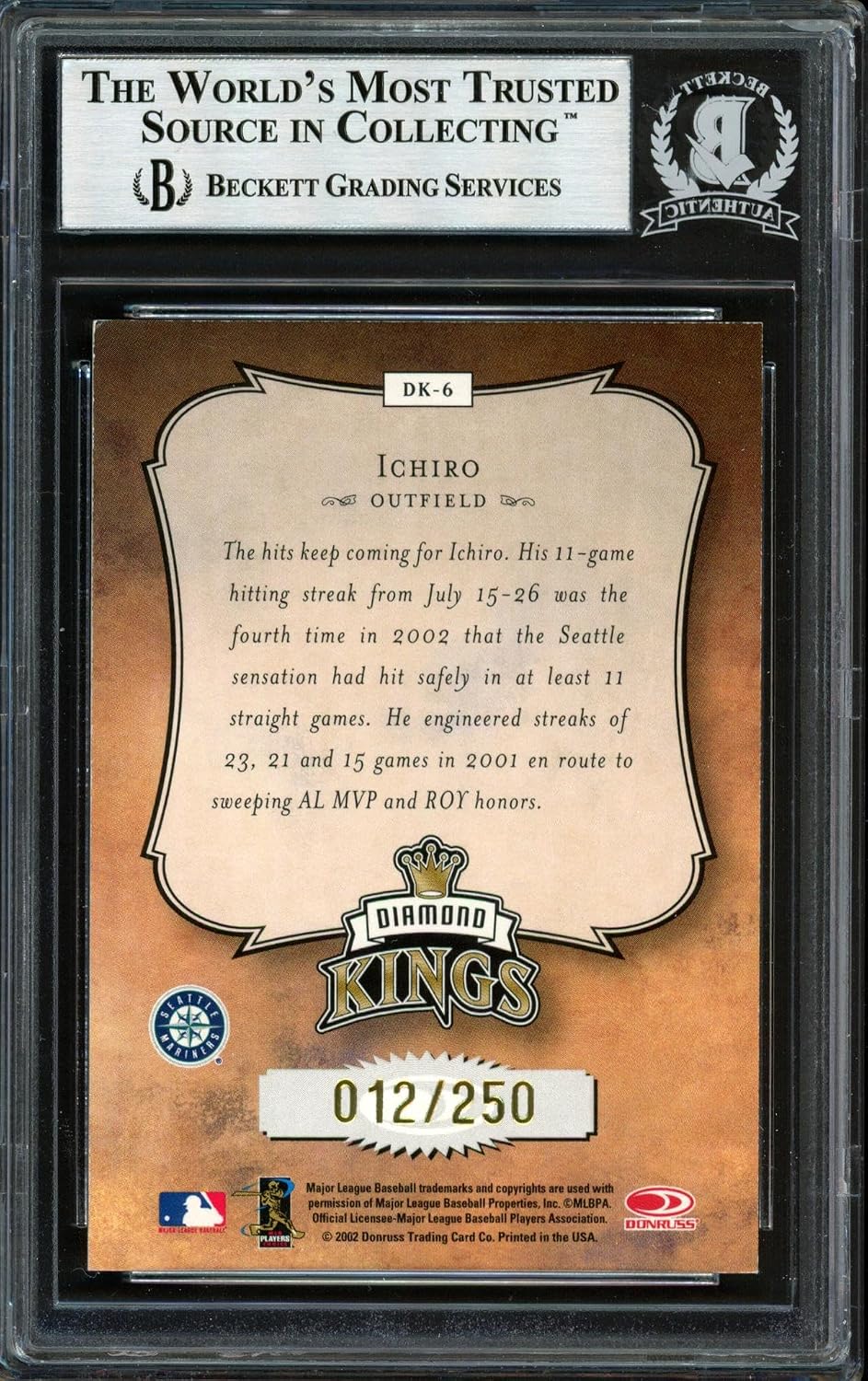 Ichiro Suzuki Autographed 2003 Donruss Diamond Kings Studio Series Card #DK-6 Seattle Mariners #12/250 Beckett BAS #12492183 - Baseball Slabbed Autographed Cards